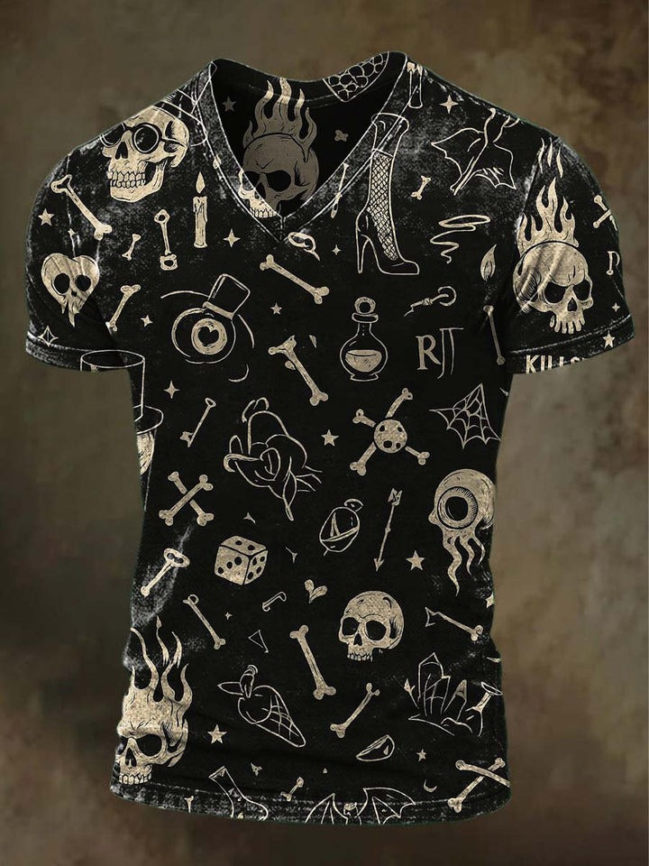 Skull and Bones V-Neck Shirt Punk Rock Bones Graphic Tee Spooky Halloween Gifts
