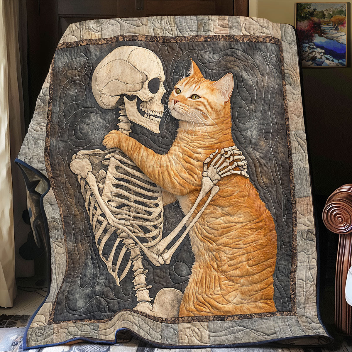 Skull And Cat Always With Me Quilt Best Decoration Gift For Friends and Family on Halloween Day