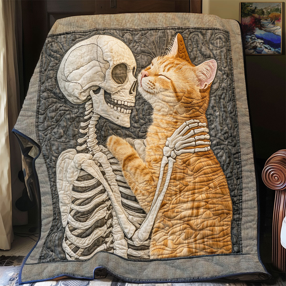 Skull And Cat Always With Me Quilt Best Gift For Cat Lovers and Family