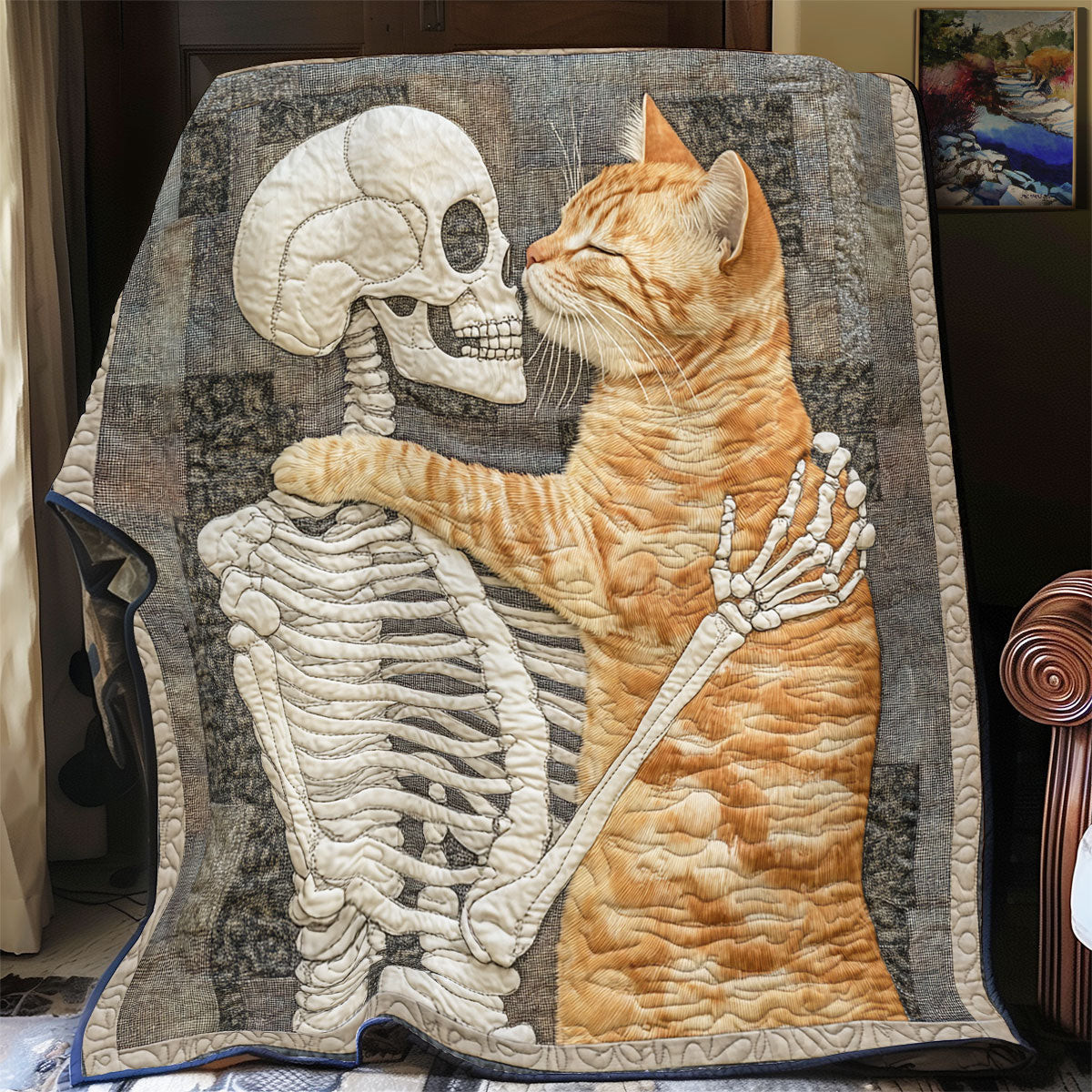 Skull And Cat Always With Me Quilt Decoration Gift For Cat Lovers and Family