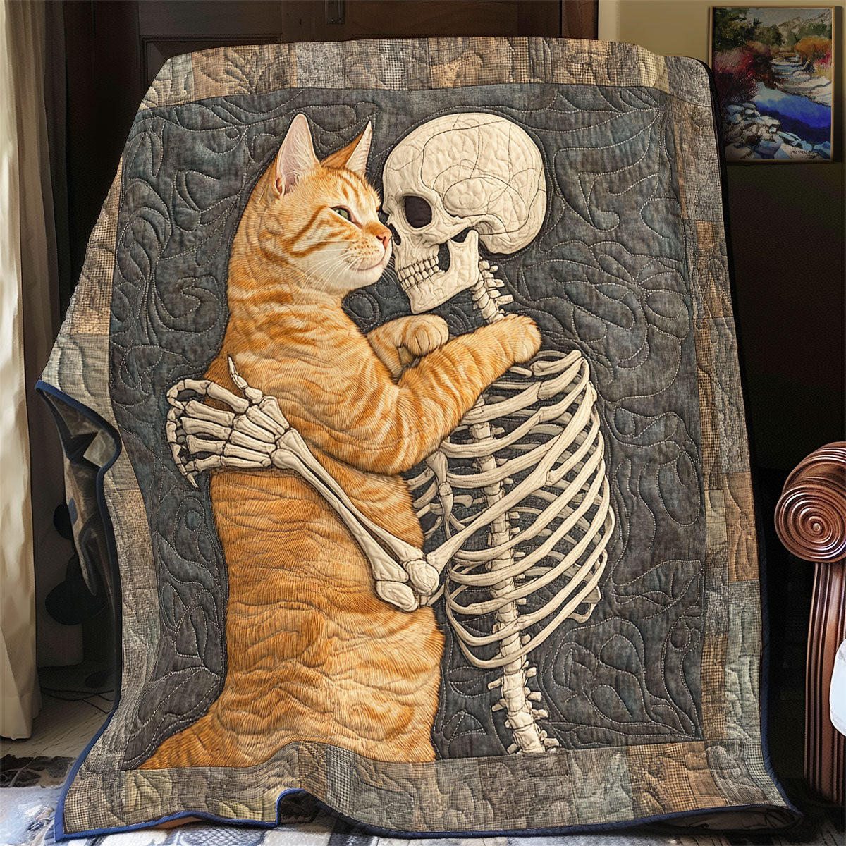 Skull And Cat Always With Me Quilt Gift Decoration For Cat Lovers and Family