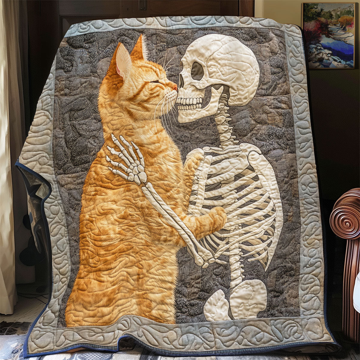 Skull And Cat Always With Me Quilt Gift For Cat Lovers and Family