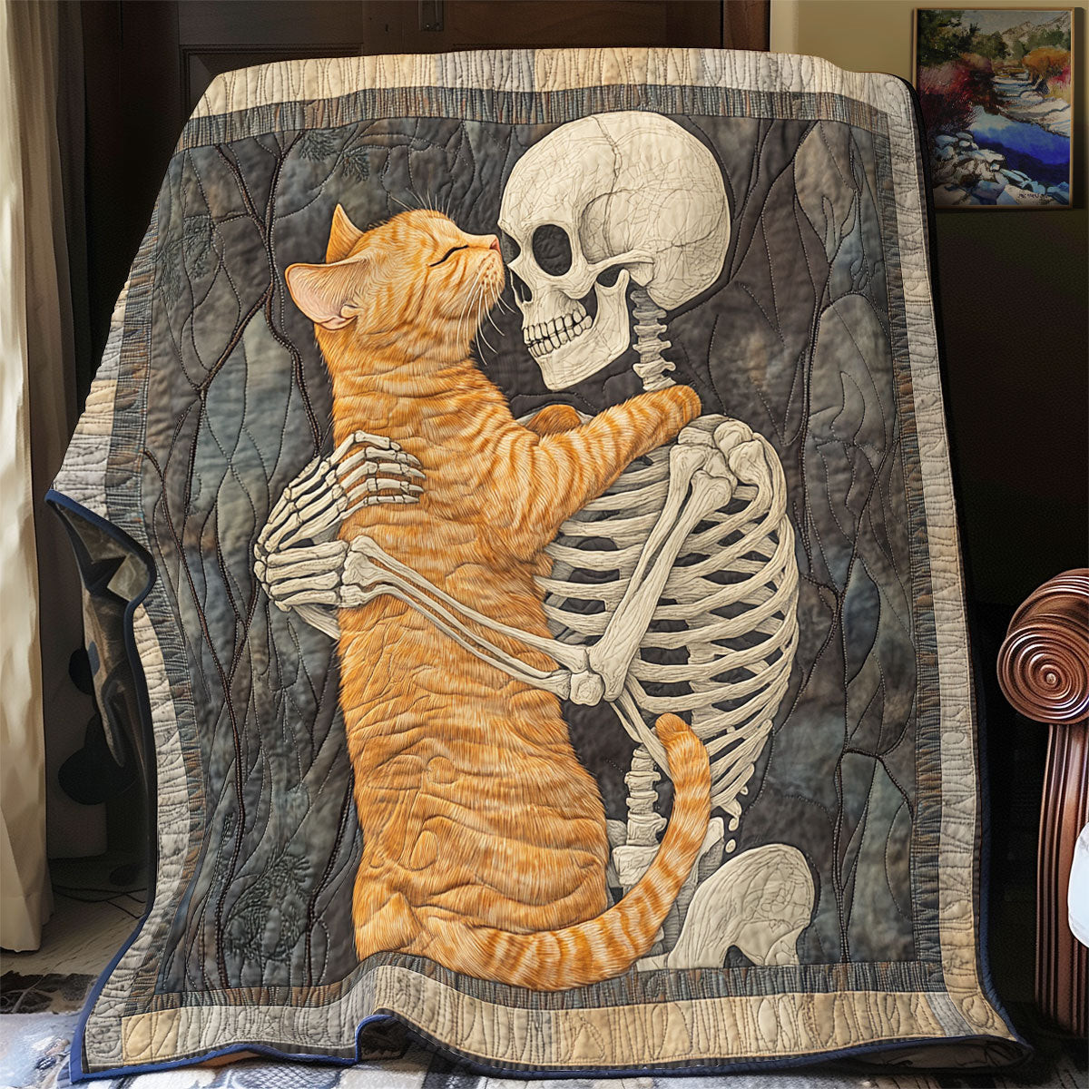Skull And Cat Always With Me Quilt Gift For Friends and Family on Halloween Day