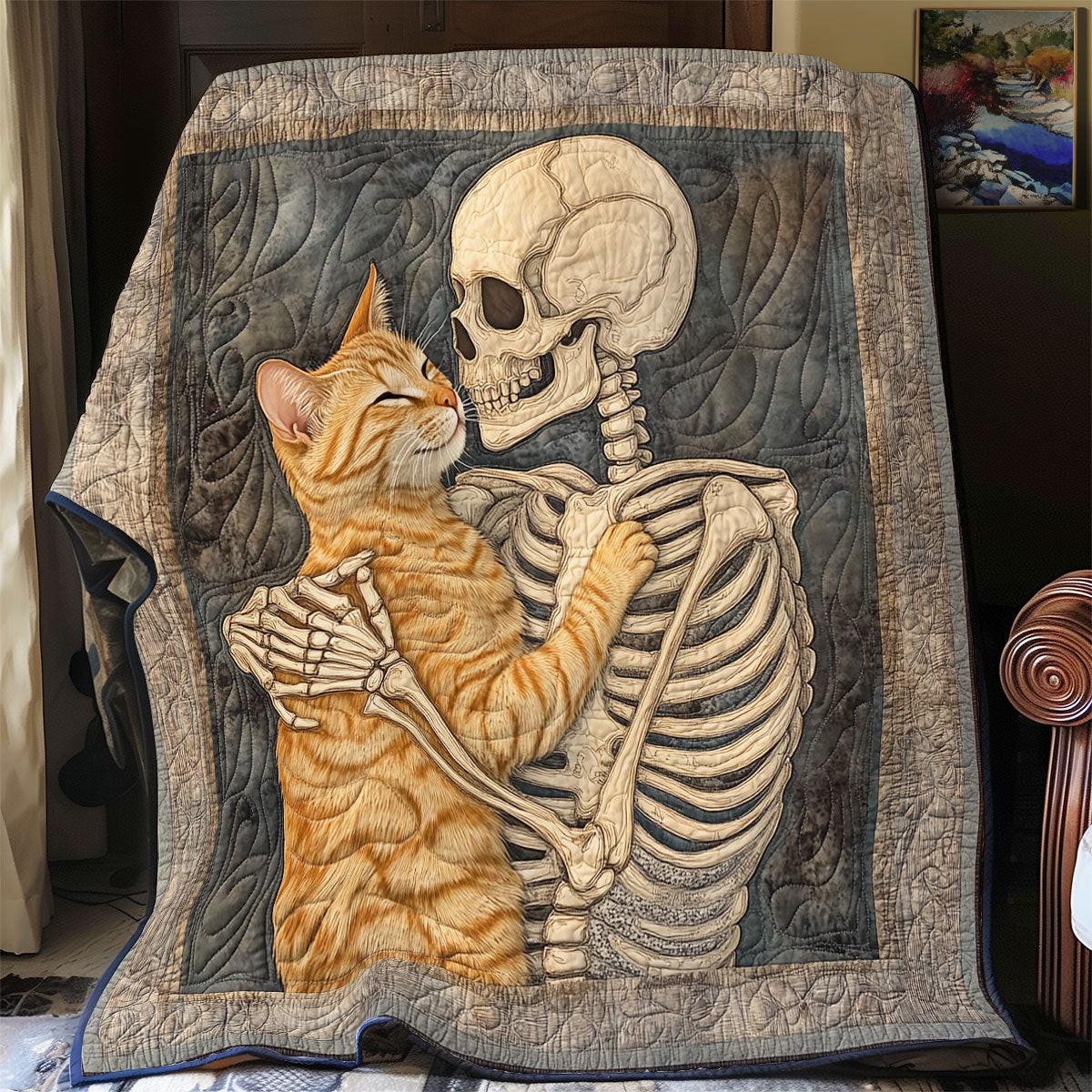 Skull And Cat Always With Me Quilt Gifts For Friends and Family on Halloween Day