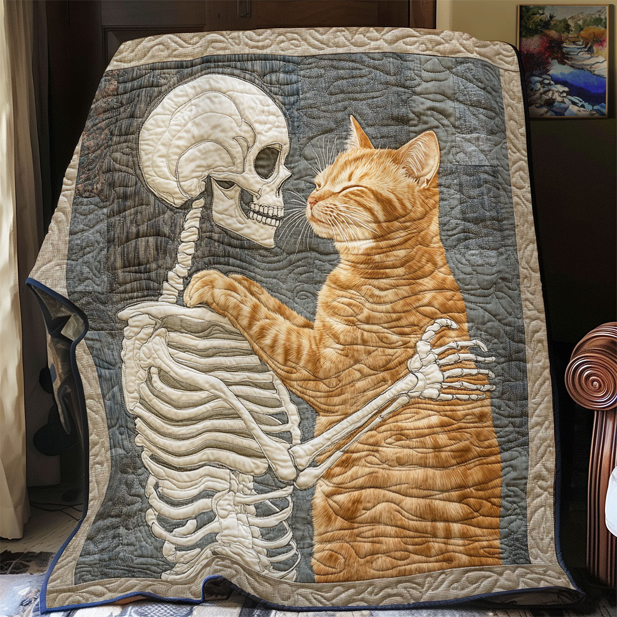 Skull And Cat Always With Me Quilt Memorable Gift For Cat Lovers and Family