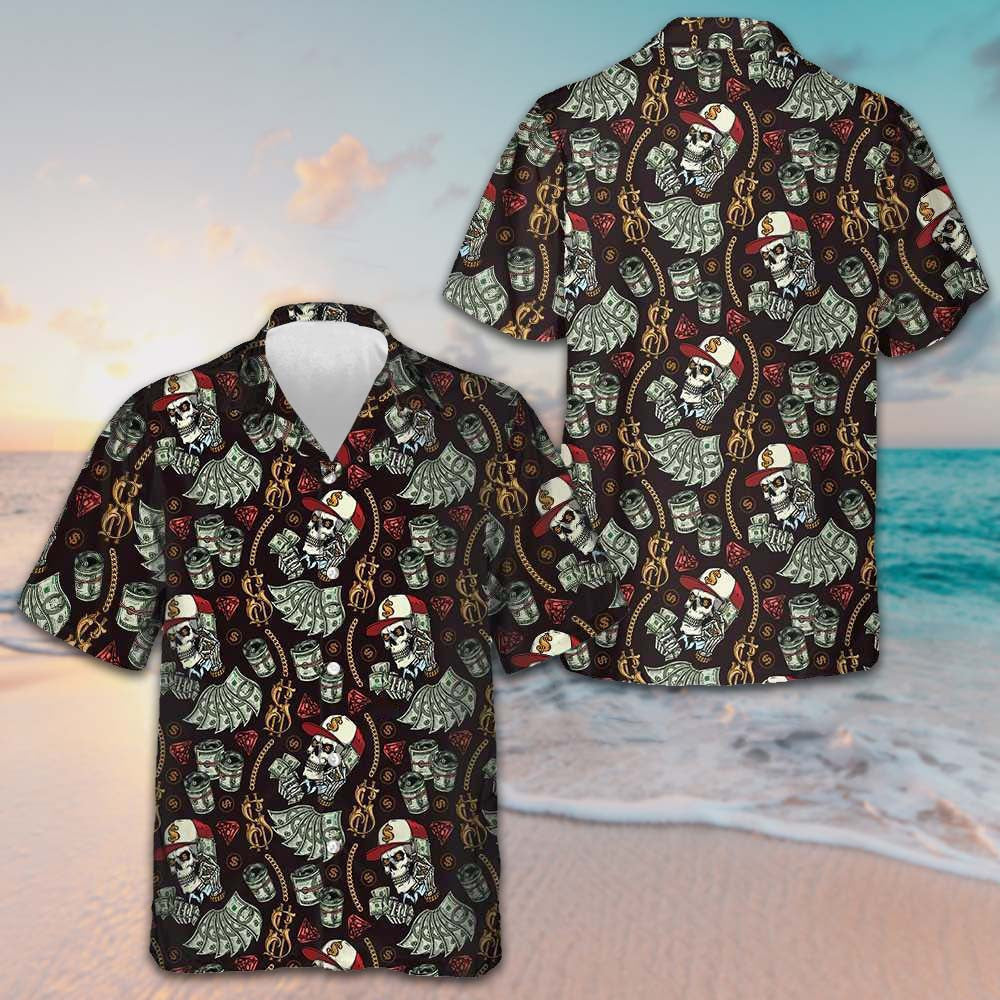 Skull And Dollars Seamless Pattern Hawaiian Shirt Beach Shirt Button Down Gifts For Him Skull And Dollars Seamless Pattern Hawaiian Shirt Beach Shirt Button Down Gifts For Him