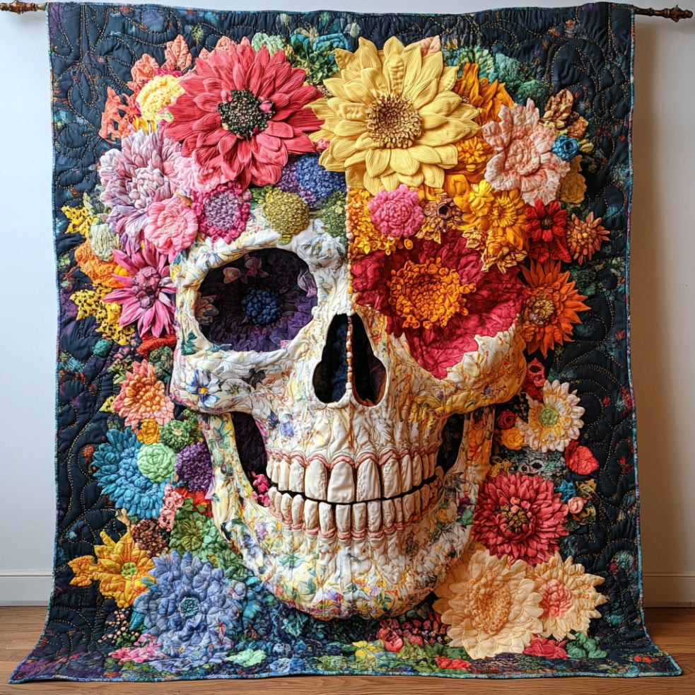 Skull And Flowers Quilt Best Halloween Gift For Lovers and Family and Friends