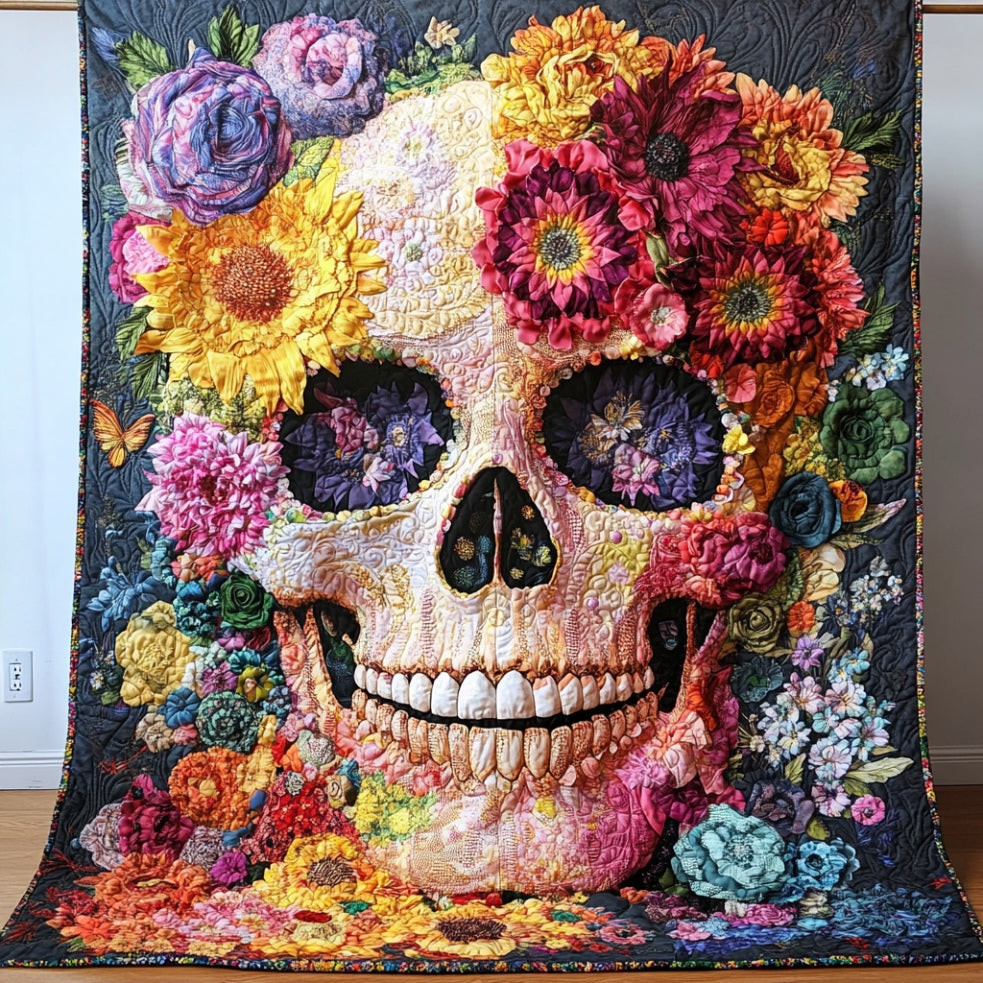 Skull And Flowers Quilt Perfect Halloween Gift For Lovers and Family and Friends
