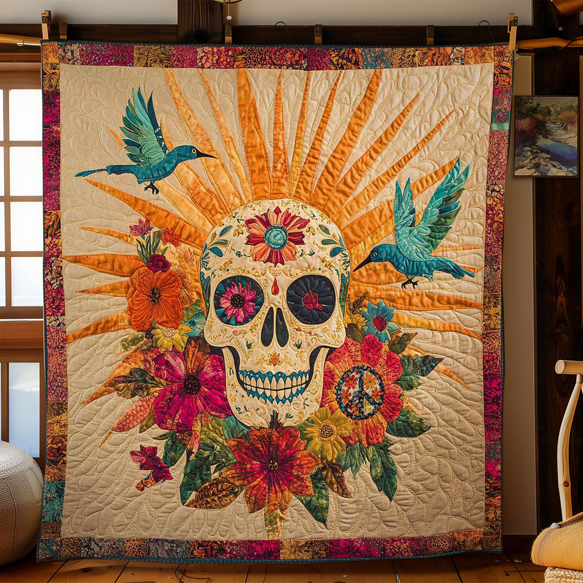 Skull And Hummingbird Holiday Xmas Quilt Blanket Gifts For Hummingbird Lovers