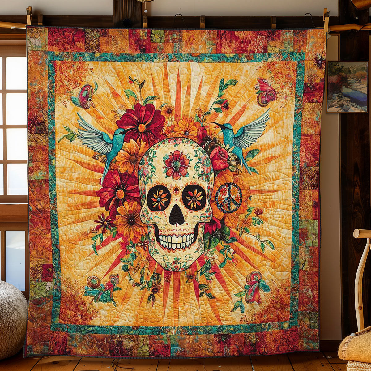Skull And Hummingbird Holiday Xmas Quilt Blanket Unique Gifts For Hummingbird Lovers