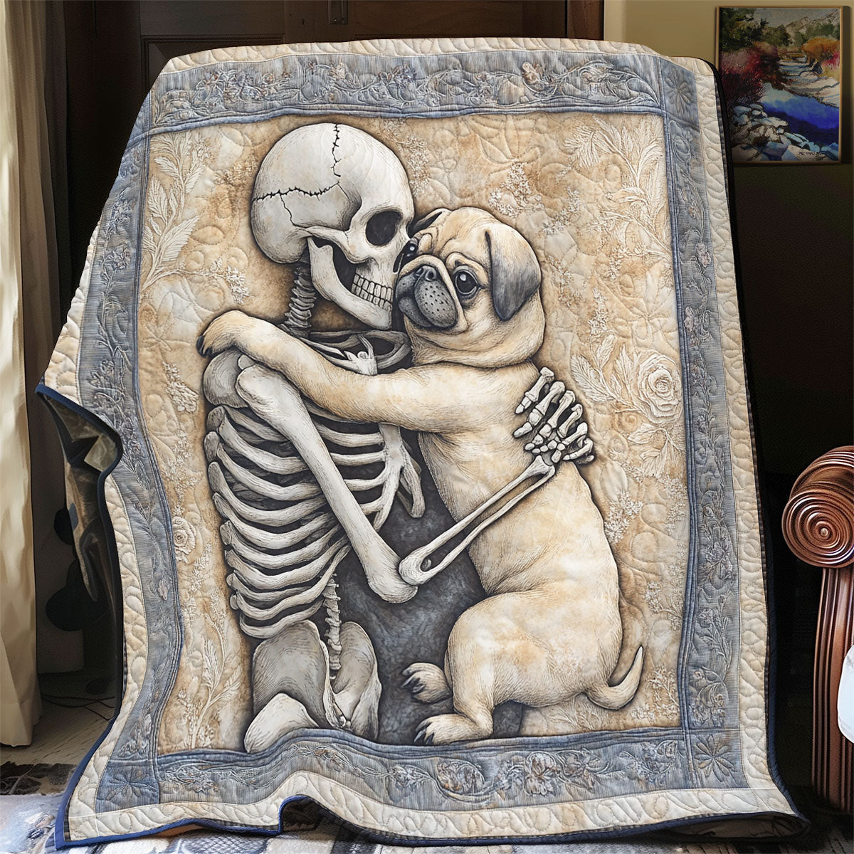 Skull And Pug Always With Me Quilt Gift For Lovers and Family and Friends on Halloween Day