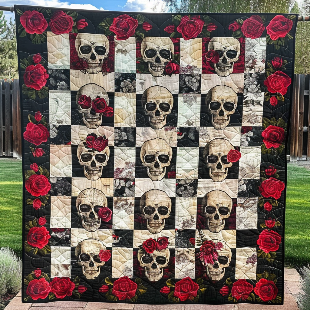 Skull and Rose Quilted Blanket Skull Presents For Her