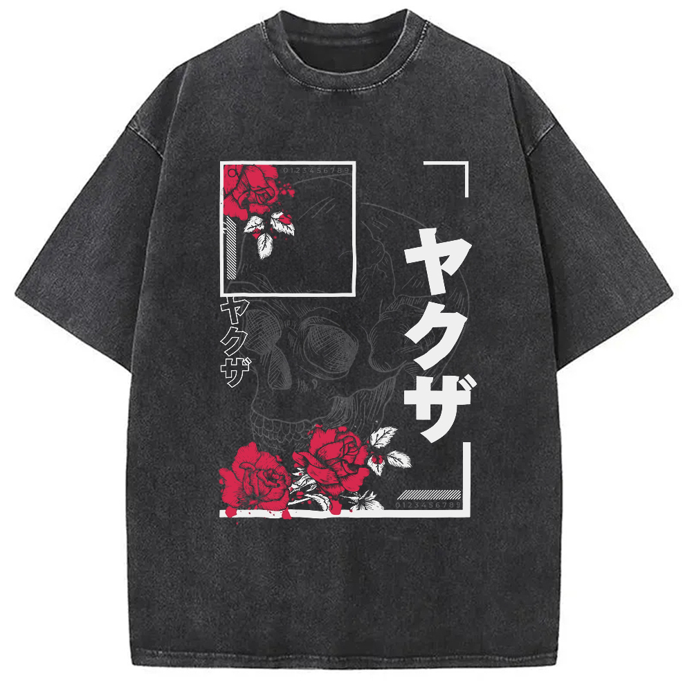 Skull And Roses Japanese Washed T-Shirt Casual Vintage Everyday Look Gifts For Him