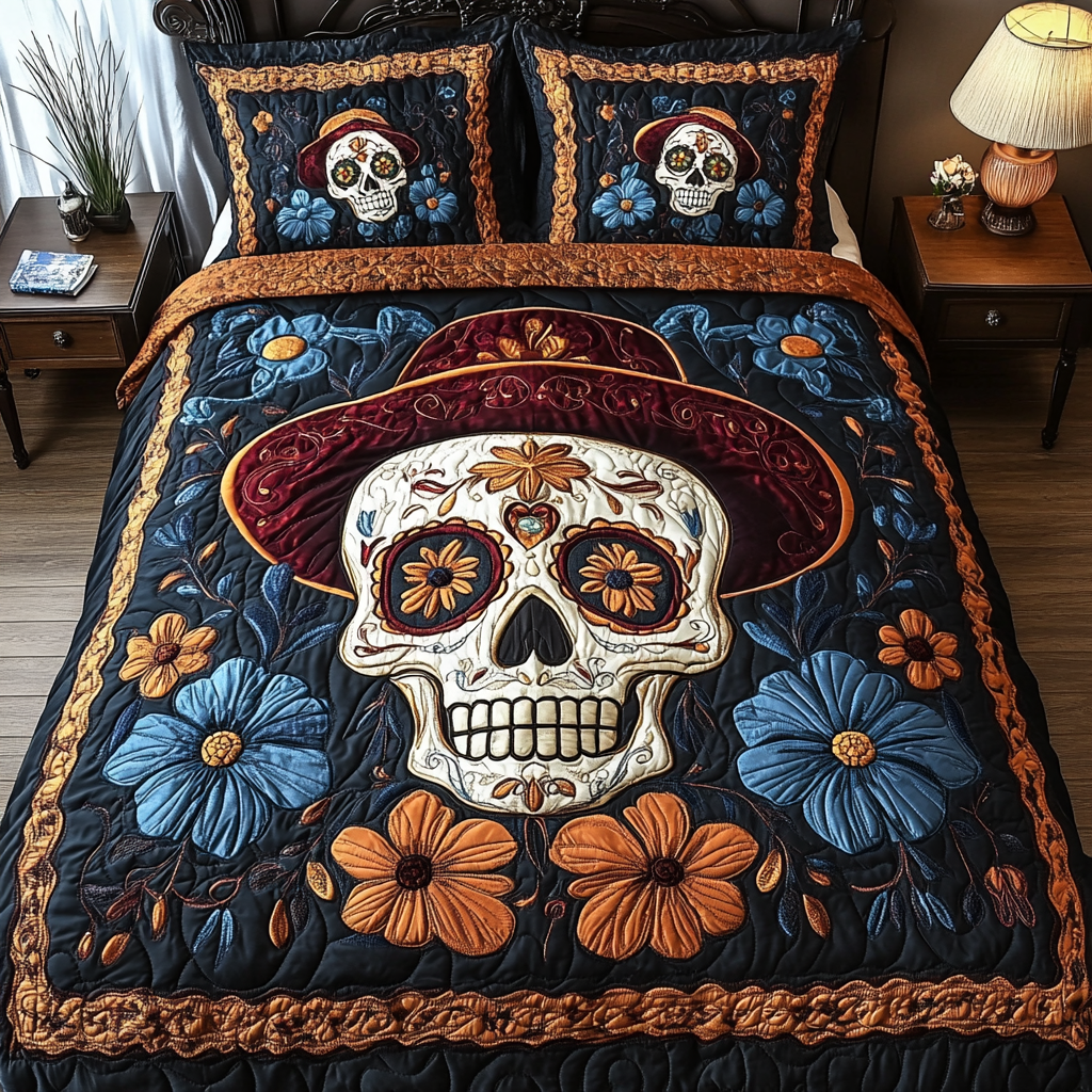 Skull Bloom Quilted Bedding Set Best Bed Sheet Set Gifts With Skulls On Them