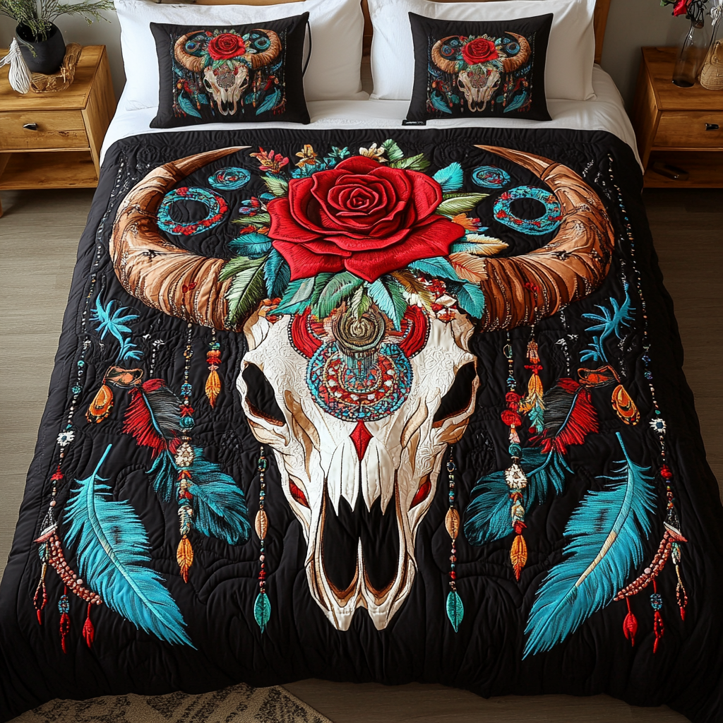 Skull Bloom Quilted Bedding Set Lightweight Duvet Cover Set for Year-Round Comfort