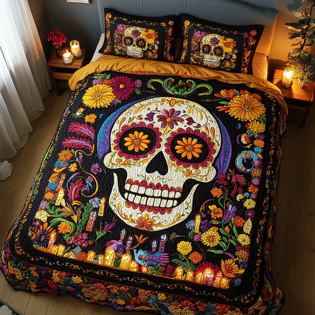 Skull Blossom Quilted Bedding Set Bedspread Set Unusual Skull Gifts