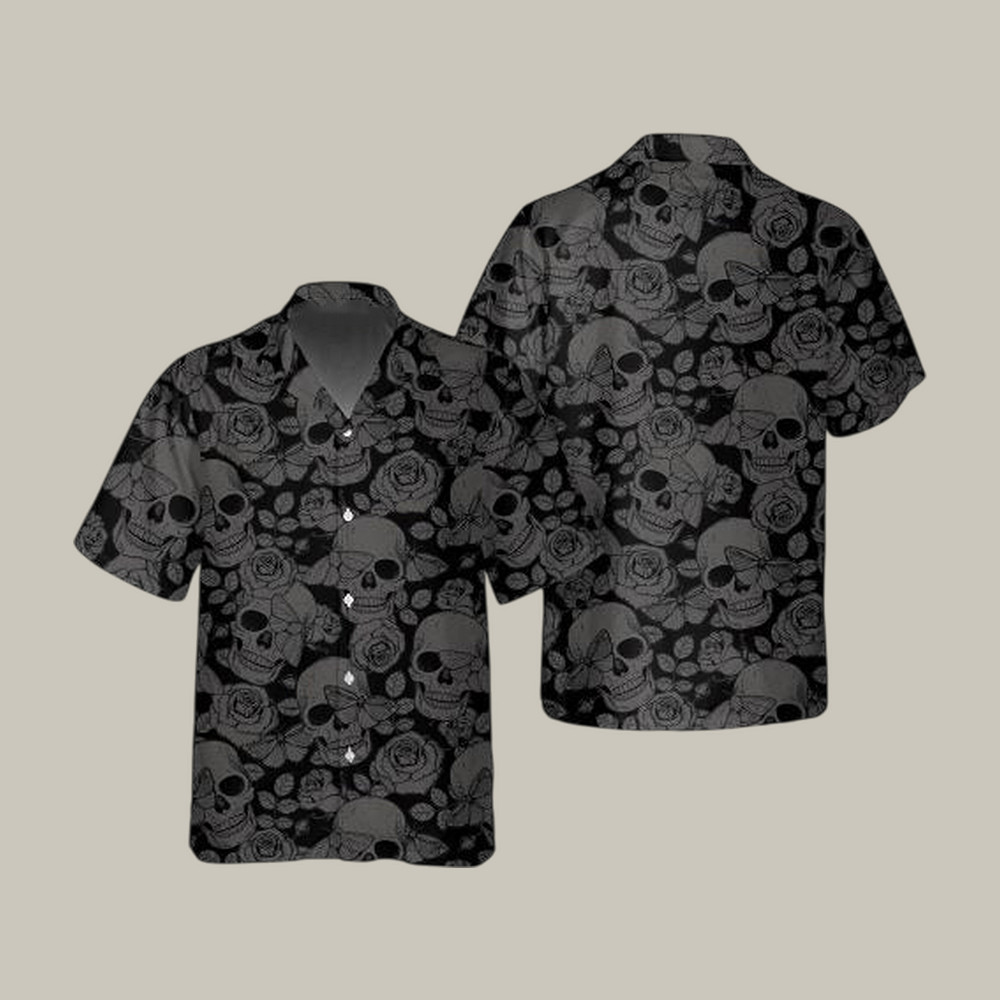 Skull Butterfly Roses Seamless Pattern Skull Hawaiian Shirt Vintage Aloha Shirt Cool Gift For Dad