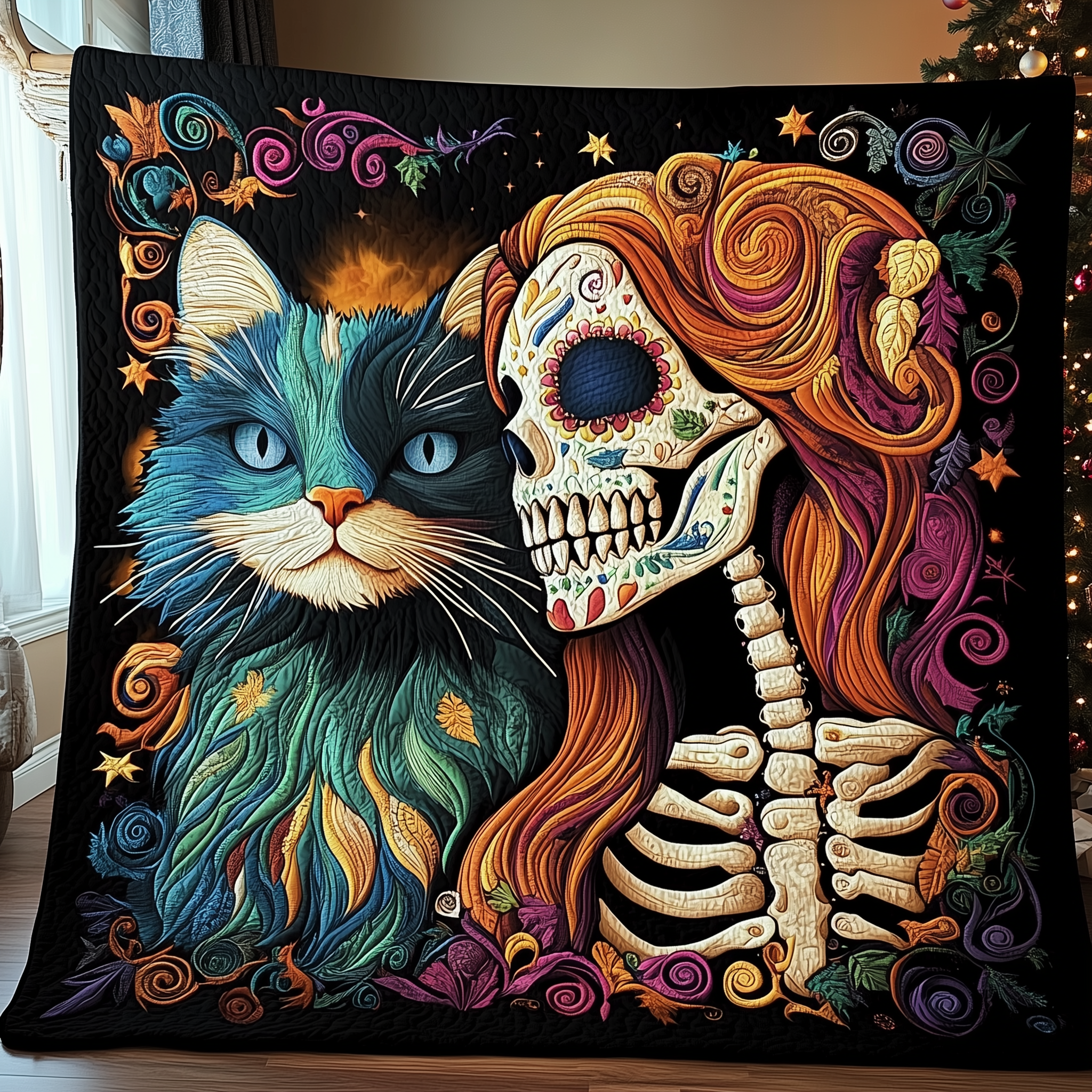 Skull Cat Mom Quilted Blanket Christmas Throw Blanket Christmas Presents For Wife