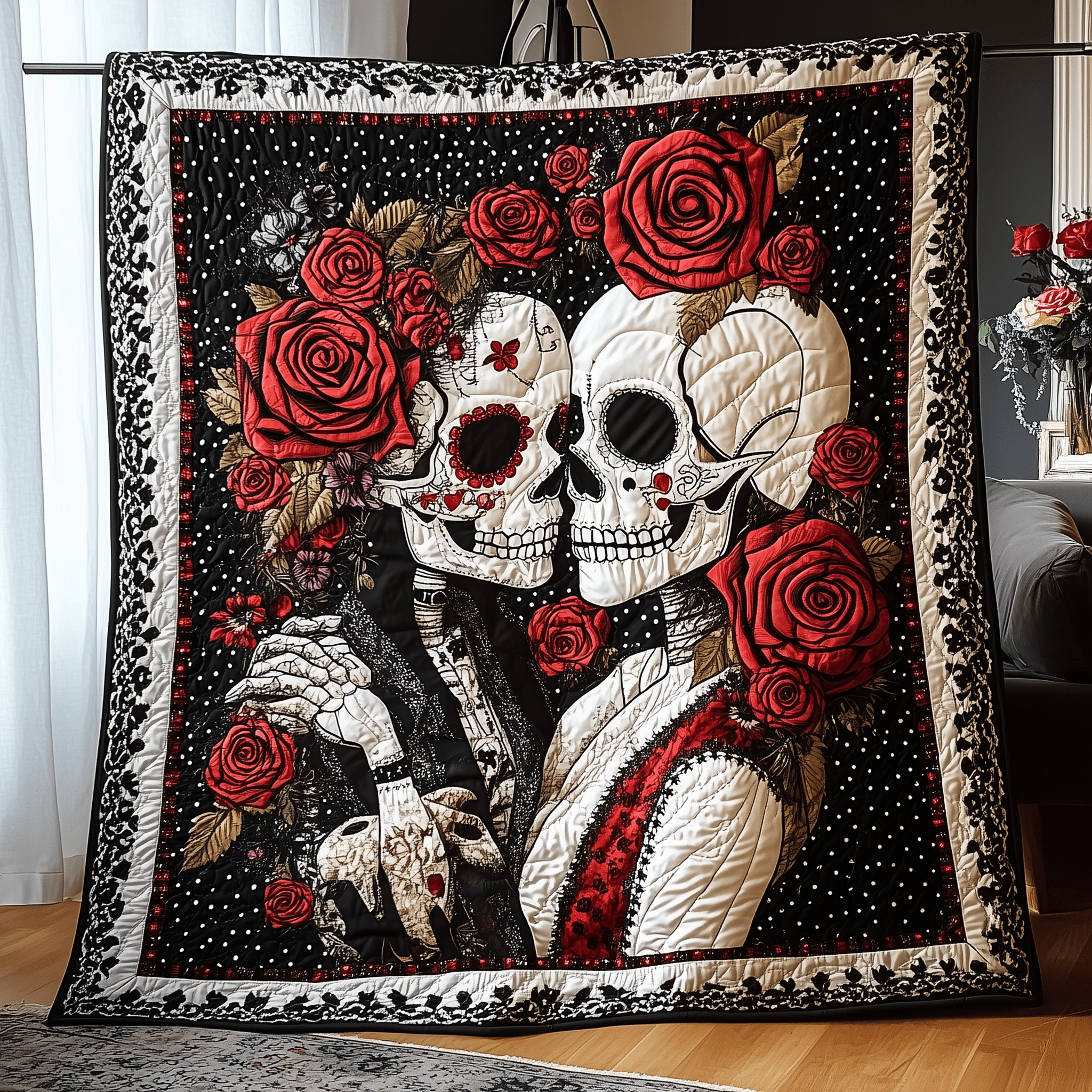 Skull Couple Quilted Blanket Throws For Couch Anniversary Gift for Couples