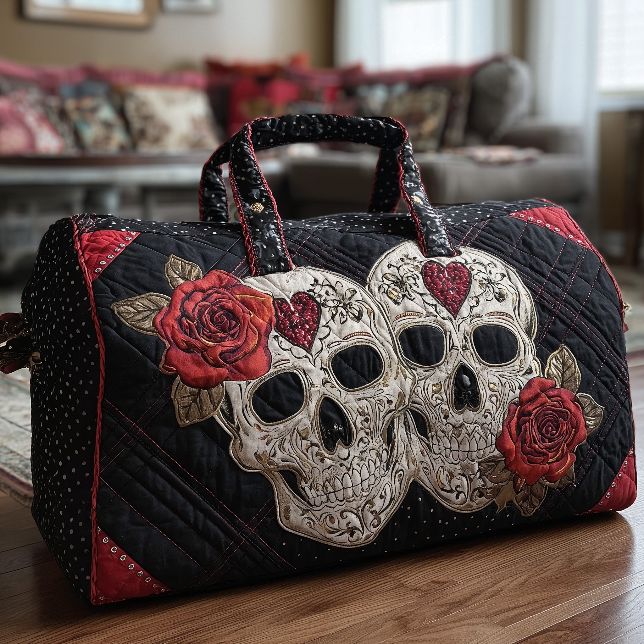 Skull Couple Quilted Duffle Bag For Everyday Use