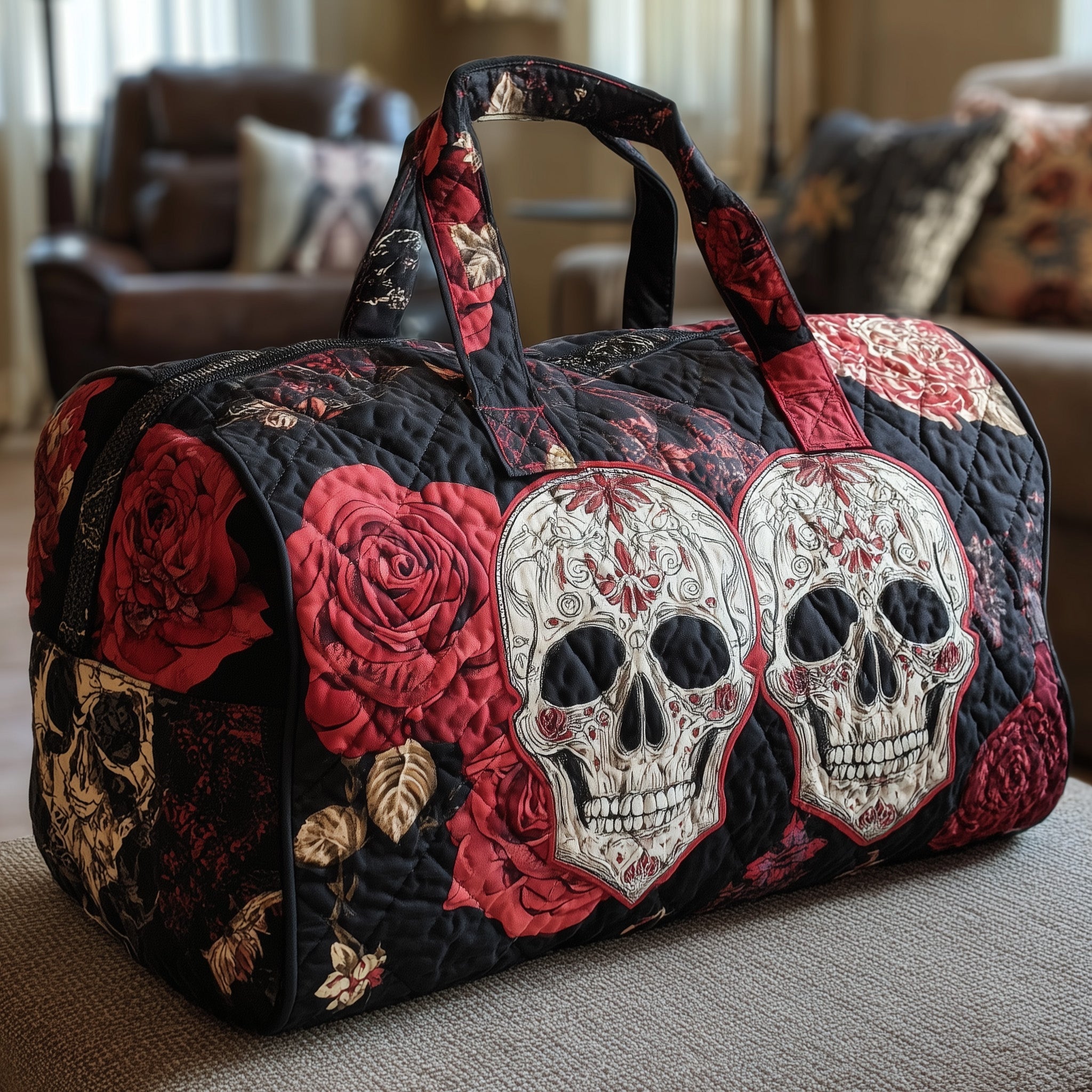 Skull Couple Quilted Duffle Bag For Work And Travel