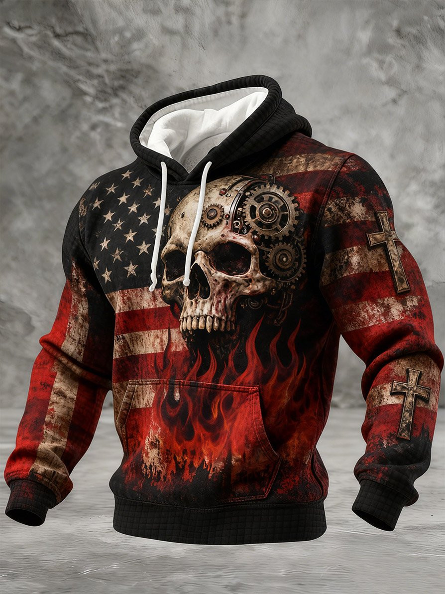 Skull Cross American Flag Waffle Hoodie USA Flag Faith Pullover Gothic Faith Clothes