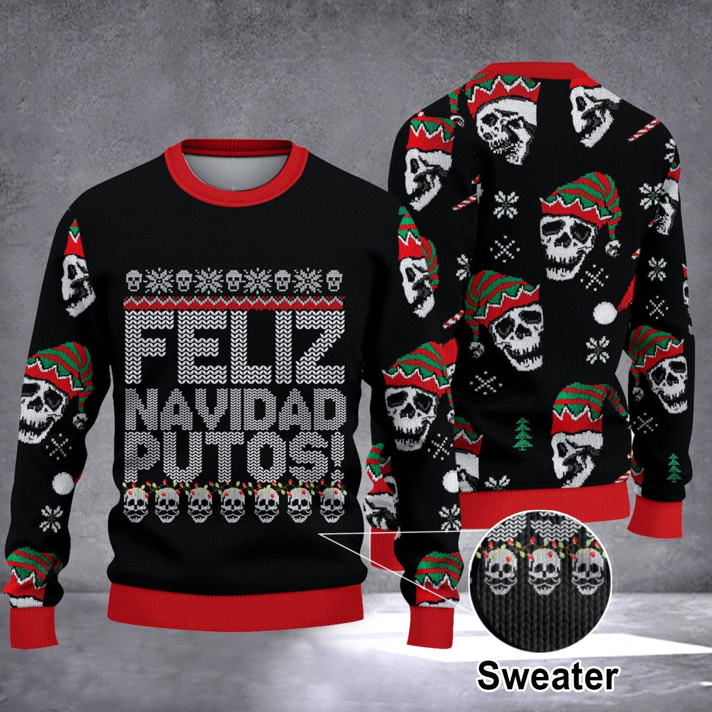 Skull Feliz Navidad Putos Ugly Christmas Sweater Skull Graphic Tee Mens Xmas Sweater Gift Skull Feliz Navidad Putos Ugly Christmas Sweater Skull Graphic Tee Mens Xmas Sweater Gift