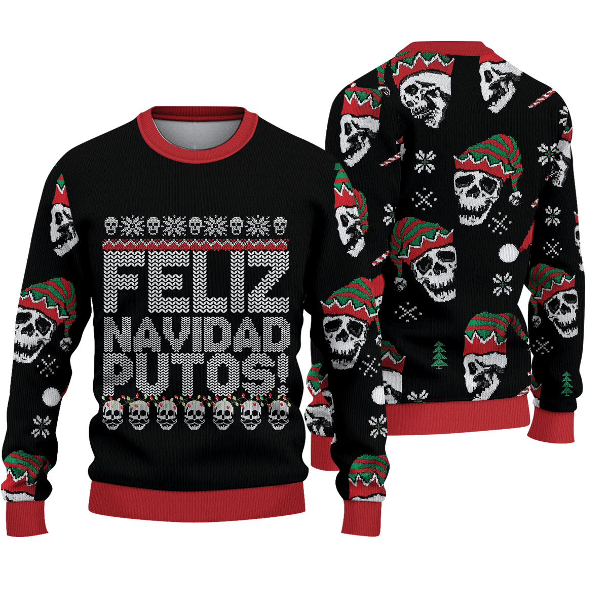 Skull Feliz Navidad Putos Ugly Christmas Sweater Skull Graphic Tee Mens Xmas Sweater Gift