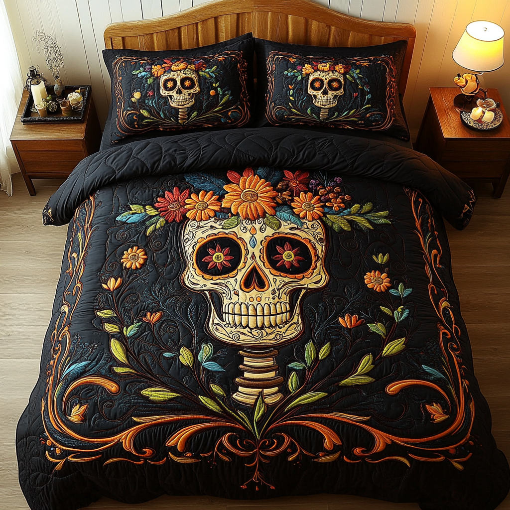 Skull Garden Quilted Bedding Set Aesthetic Room Decor Gifts For People Who Like Skulls