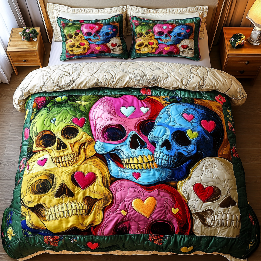 Skull Garden Quilted Bedding Set Cozy Bedroom Decor Gifts For Skull Lovers