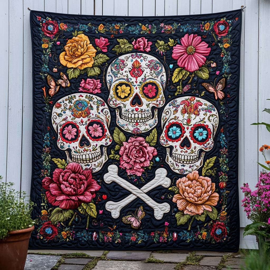 Skull Garden Trio Quilted Blanket Cool Throw Blanket Spooky Gifts For Her