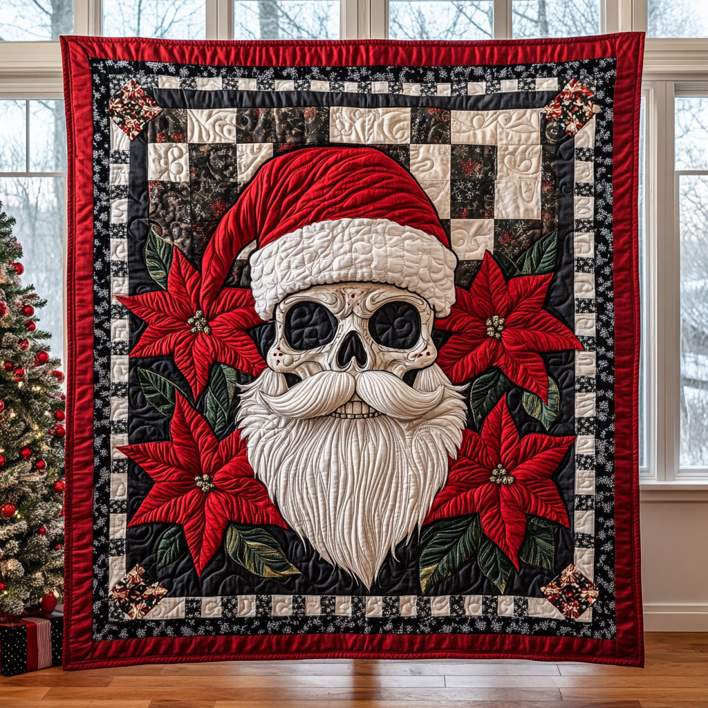 Skull Holly Night Quilt Blanket Best Throw Blanket Skull Christmas Gifts