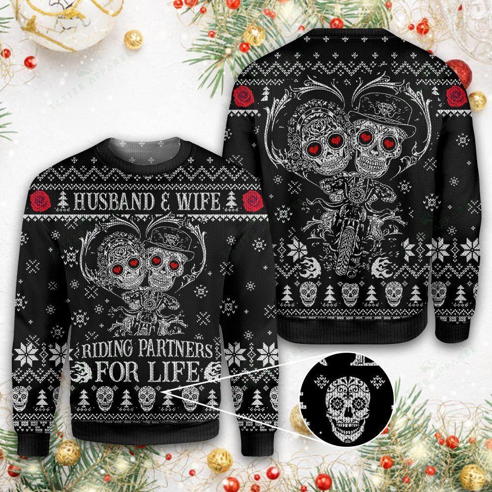 Skull Husband And Wife Ugly Christmas Sweater Riding Partner For Life Jumper Gifts For Riders