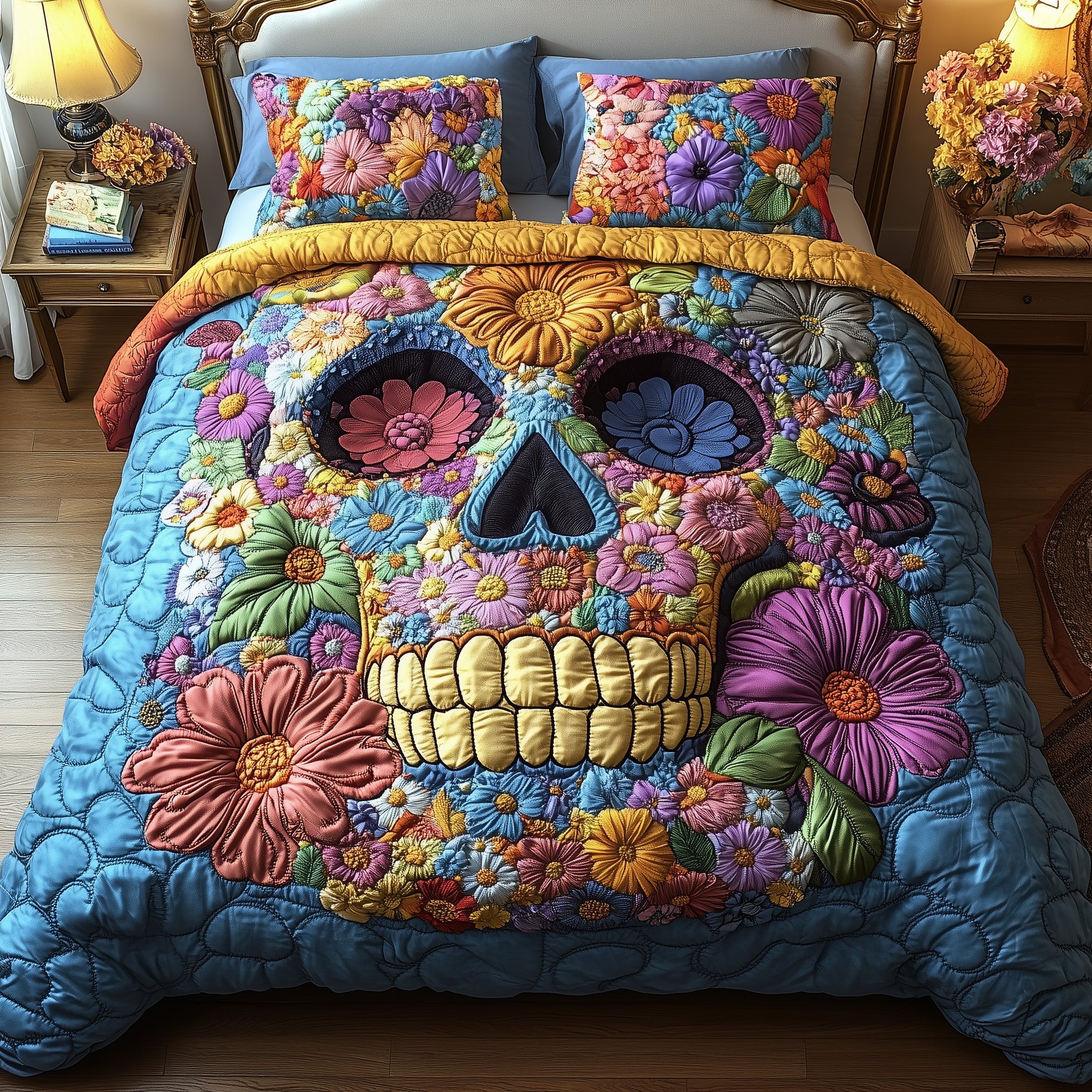 Skull in Bloom Quilted Bedding Set Duvet Cover Bed Sheet Cool Skull Gifts