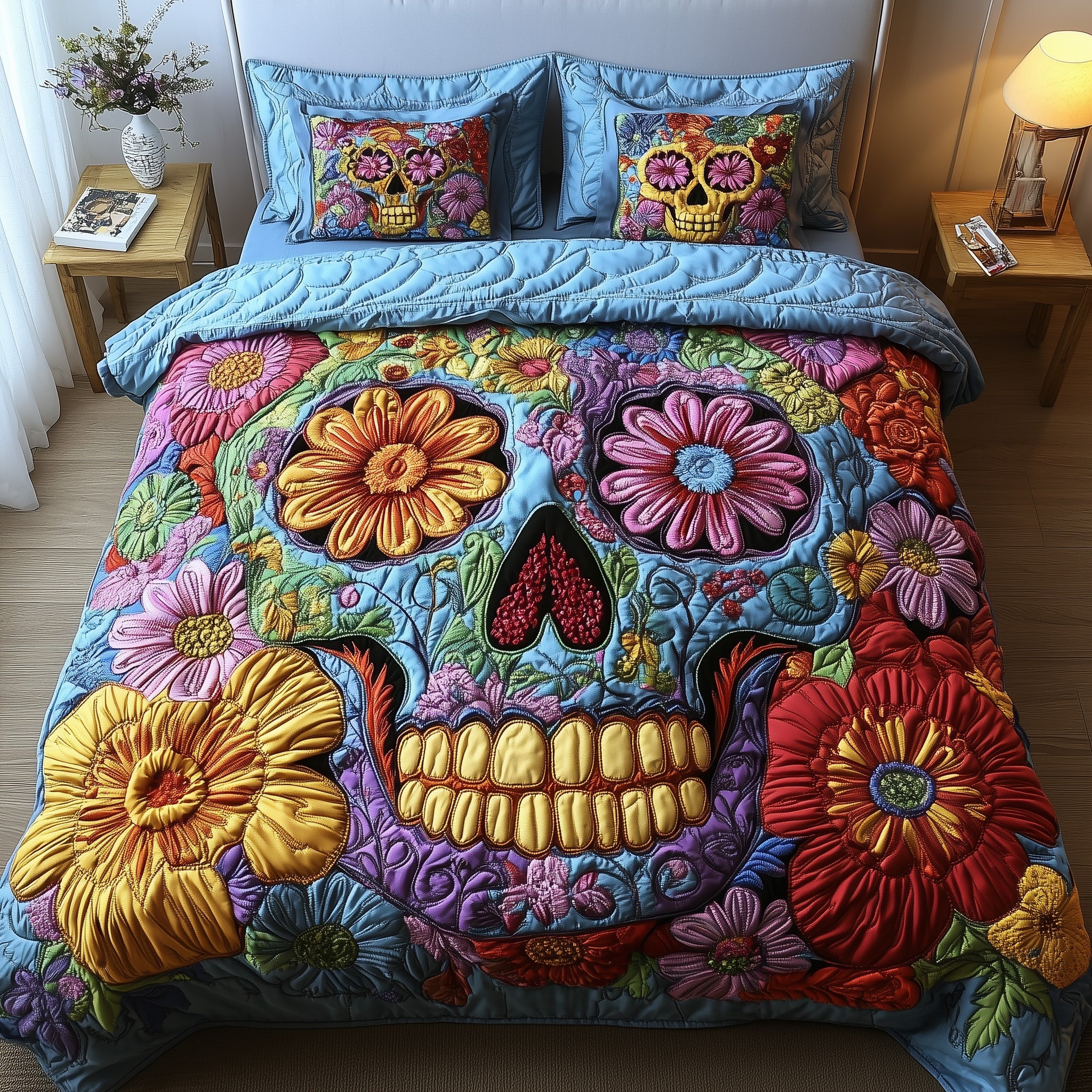 Skull in Bloom Quilted Bedding Set Duvet Cover Bed Sheet Gifts With Skulls On Them
