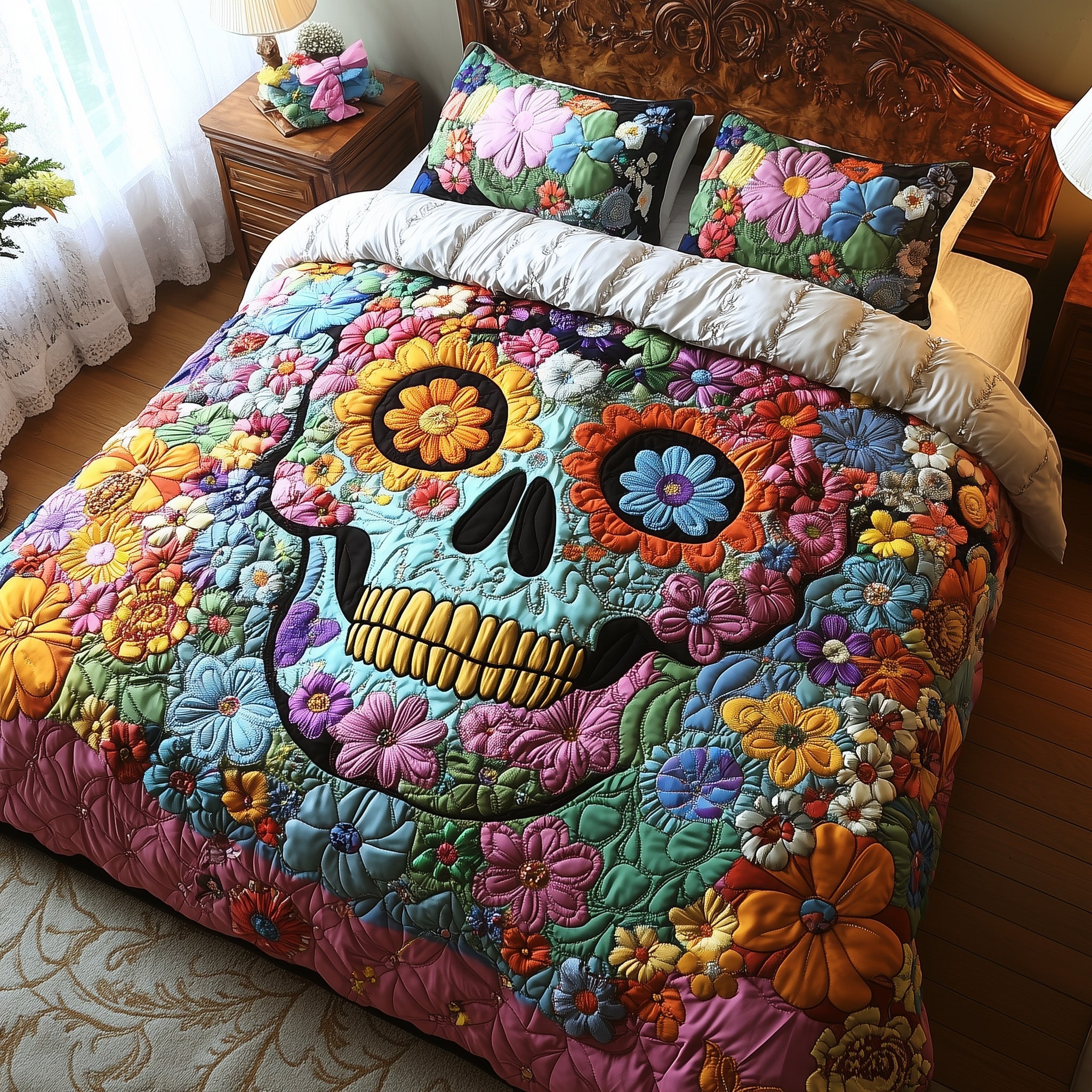 Skull in Bloom Quilted Bedding Set Duvet Cover Bed Sheet Skull Christmas Gifts