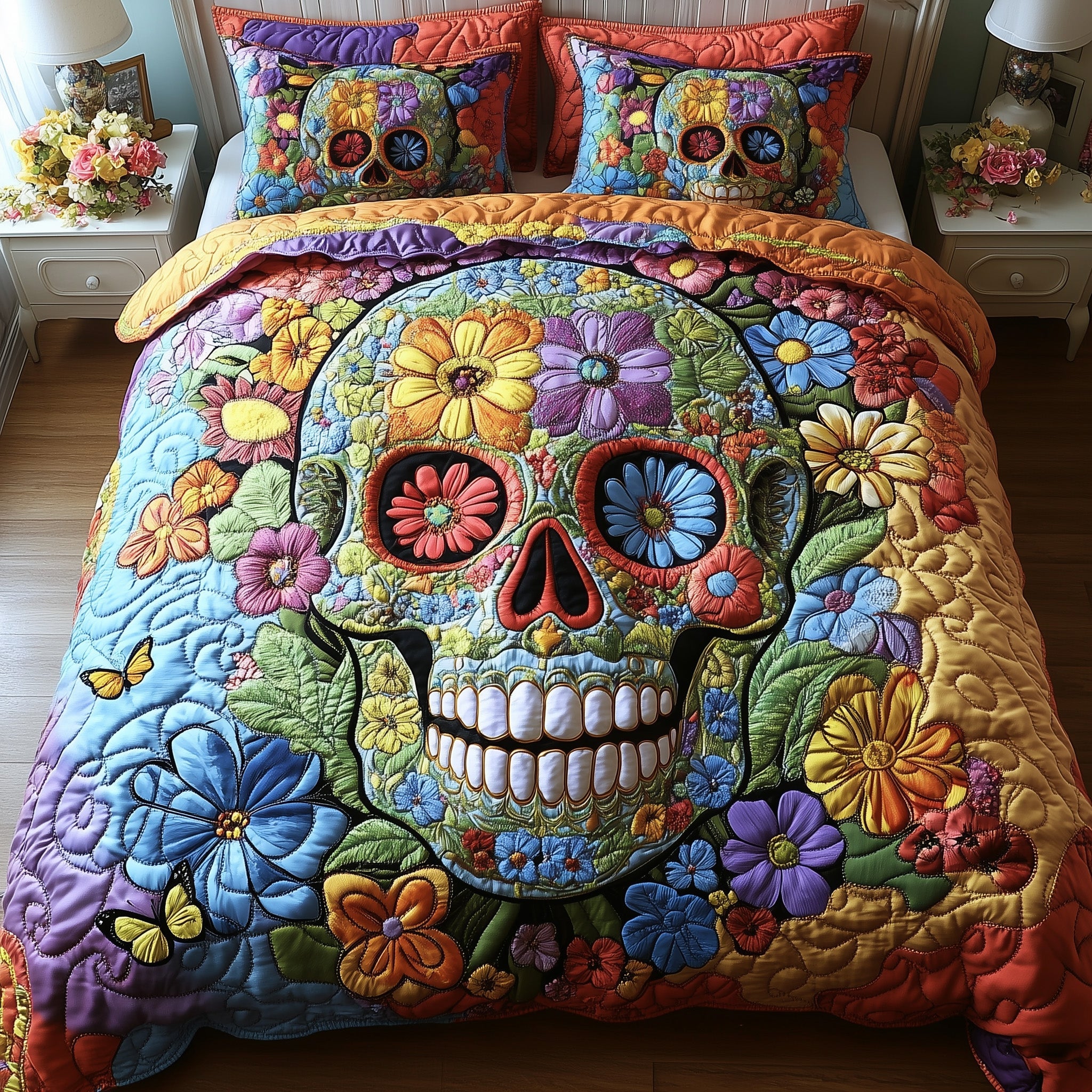 Skull in Bloom Quilted Bedding Set Duvet Cover Bed Sheet Skull Gifts For Women