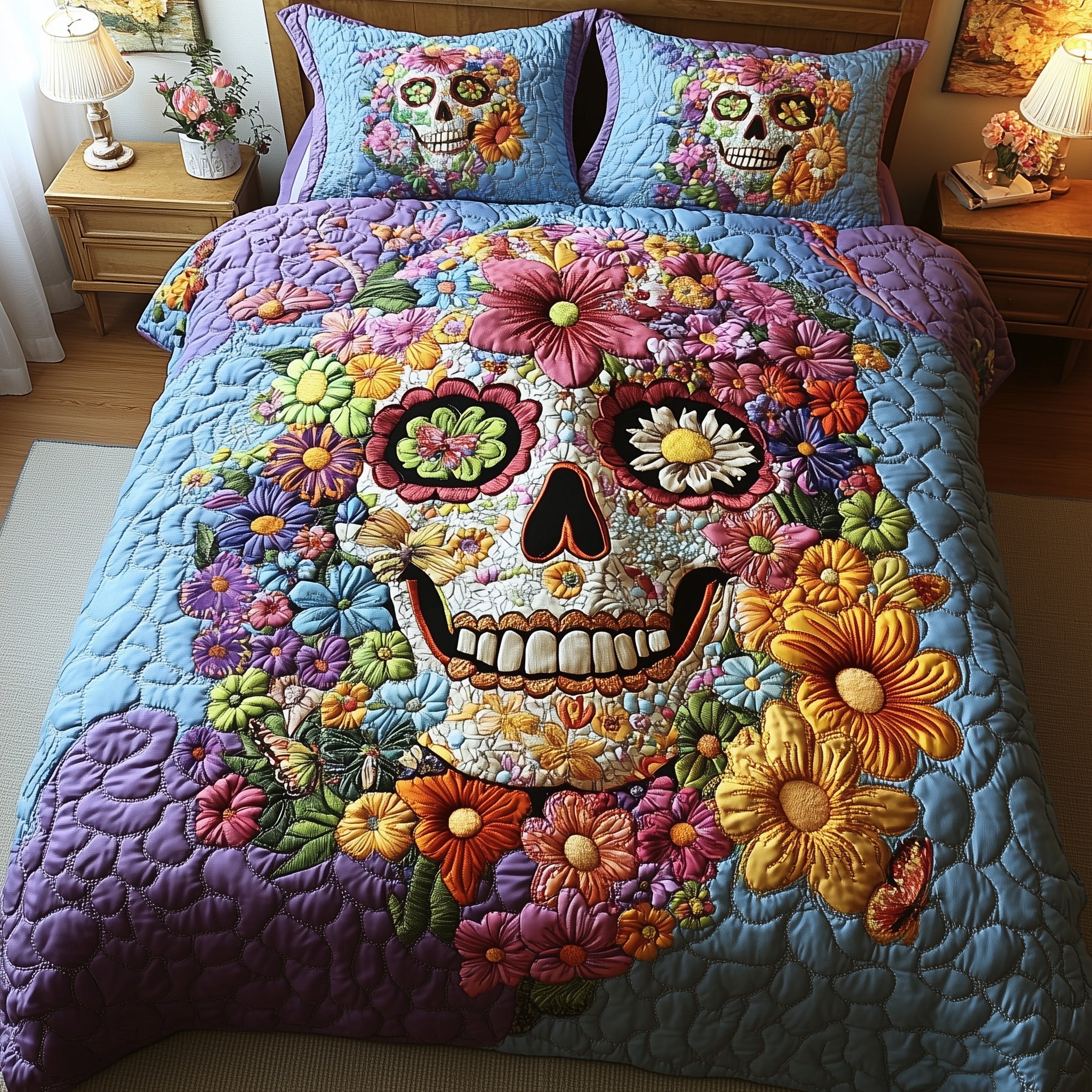 Skull in Bloom Quilted Bedding Set Duvet Cover Bed Sheet Skull Stuff For Guys