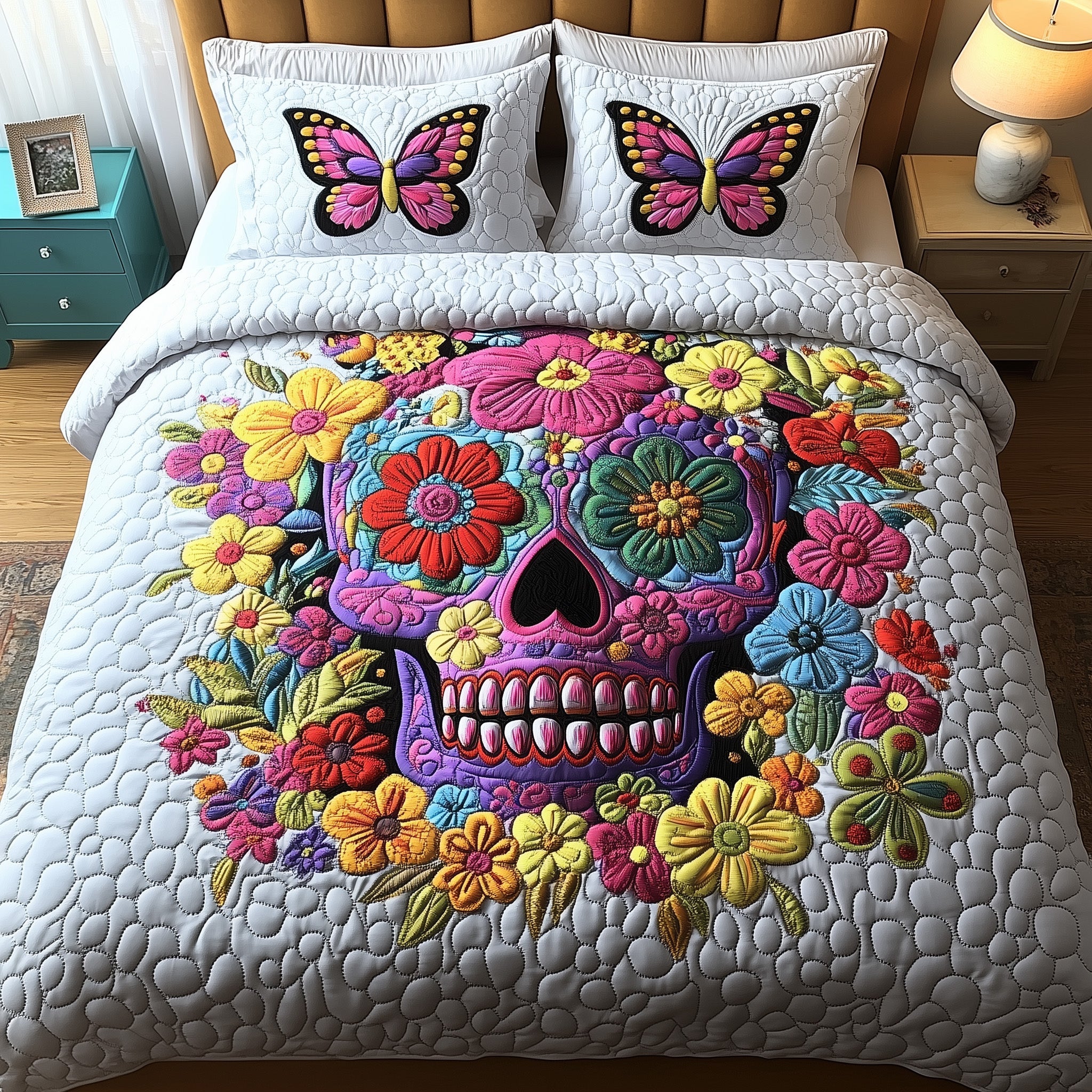 Skull in Bloom Quilted Bedding Set Duvet Cover Bed Sheet Unique Skull Gifts For Him