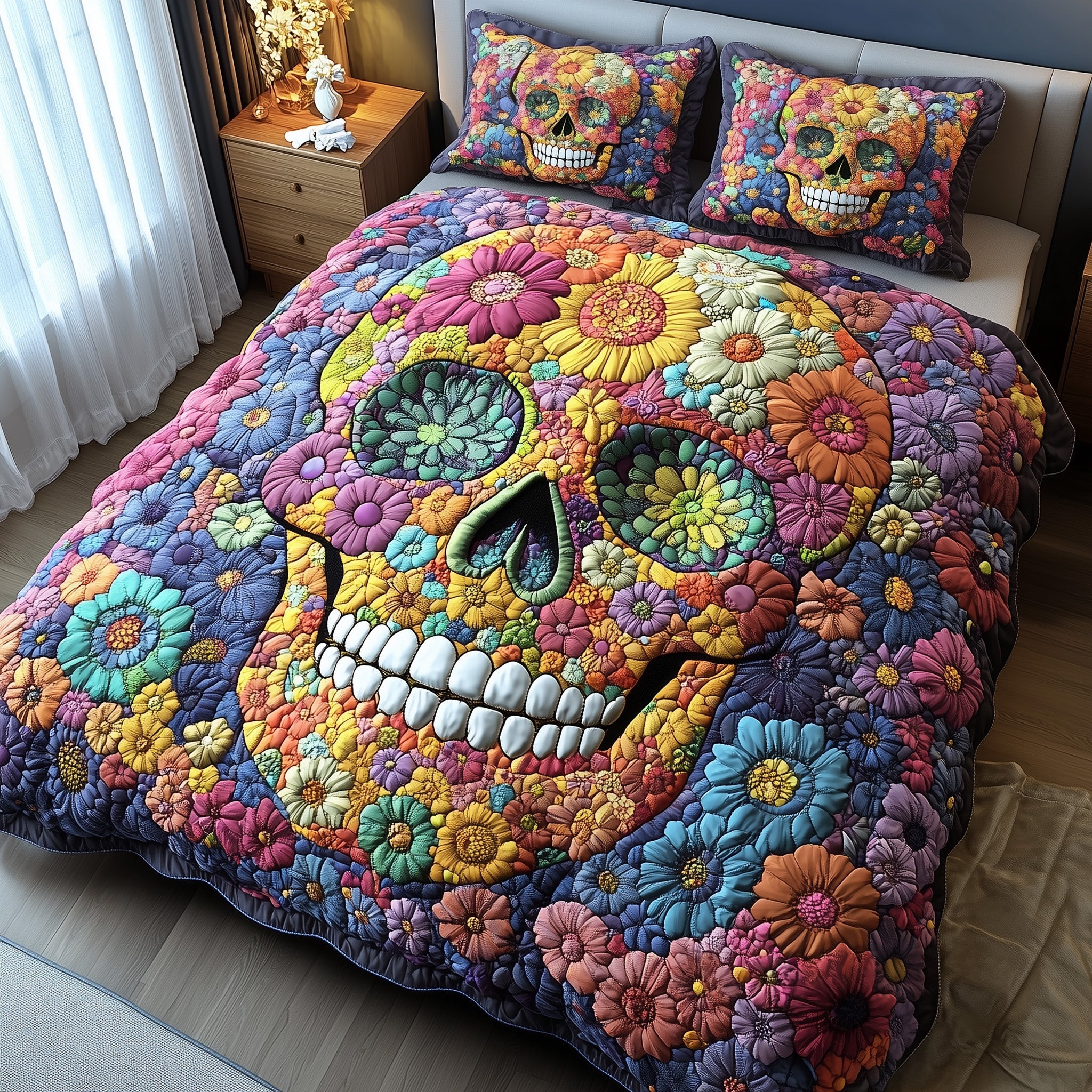 Skull in Bloom Quilted Bedding Set Duvet Cover Bedspread Cool Skull Gifts For Her