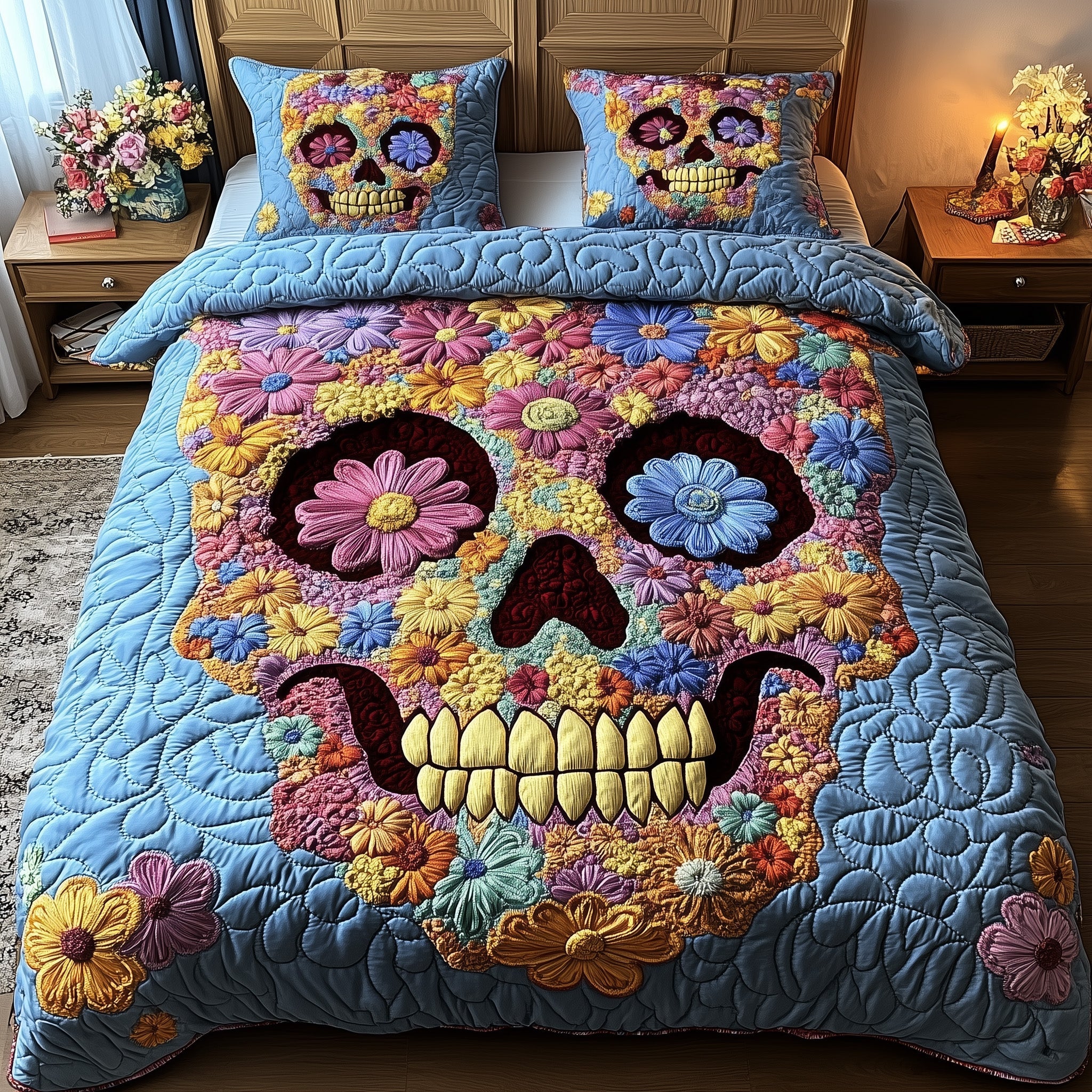Skull in Bloom Quilted Bedding Set Duvet Cover Bedspread Gifts For Skull Lovers