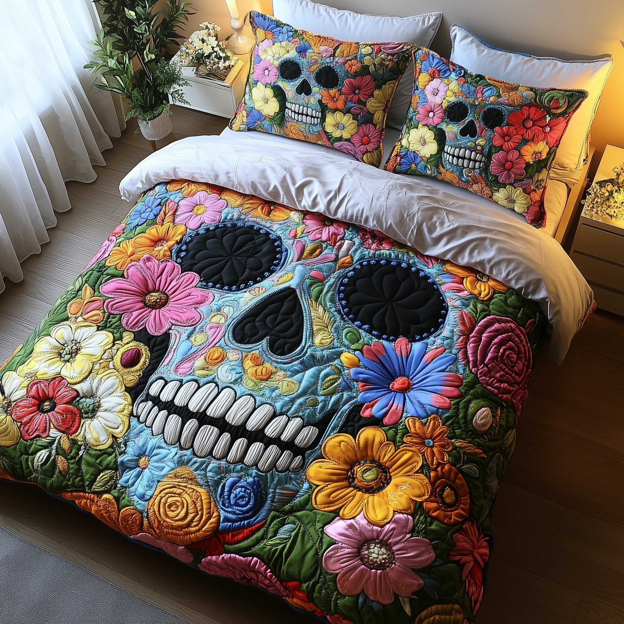 Skull in Bloom Quilted Bedding Set Duvet Cover Bedspread Skull Gifts For Men