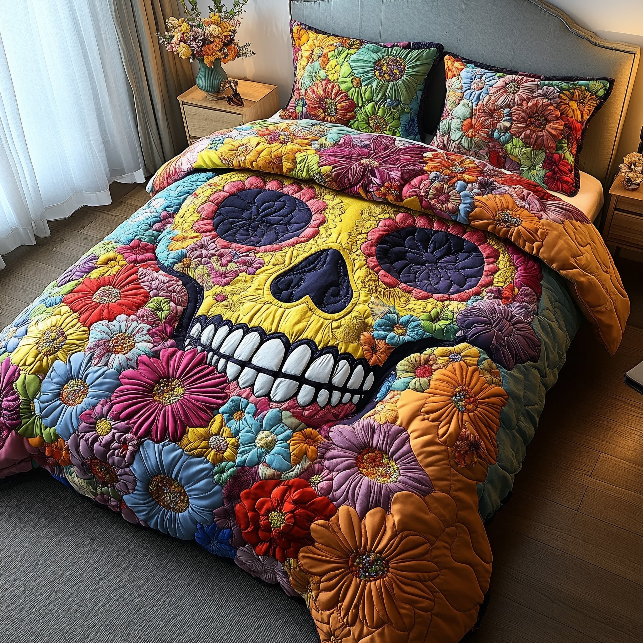 Skull in Bloom Quilted Bedding Set Duvet Cover Bedspread Skull Items For Gifts