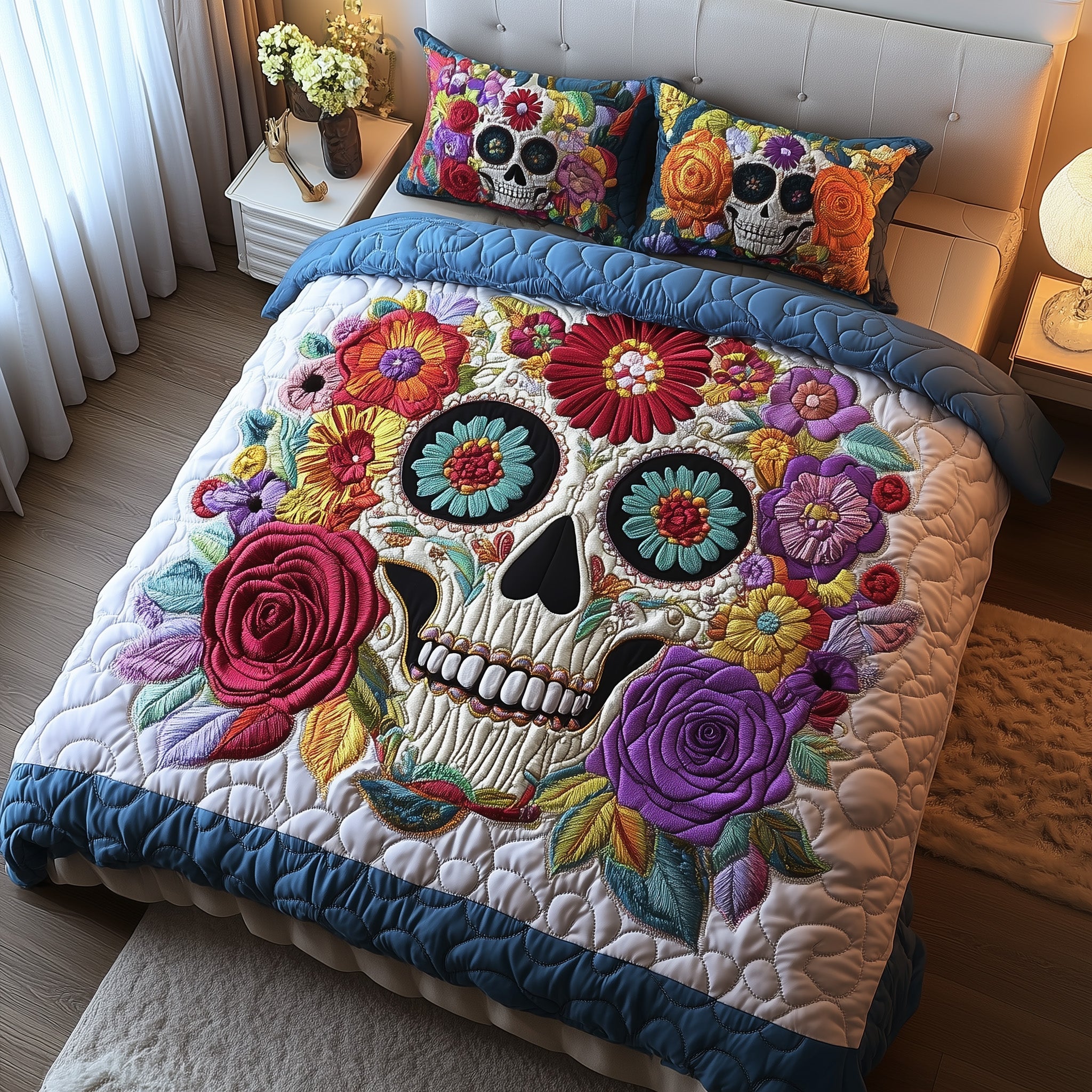 Skull in Bloom Quilted Bedding Set Duvet Cover Bedspread Skull Presents For Her