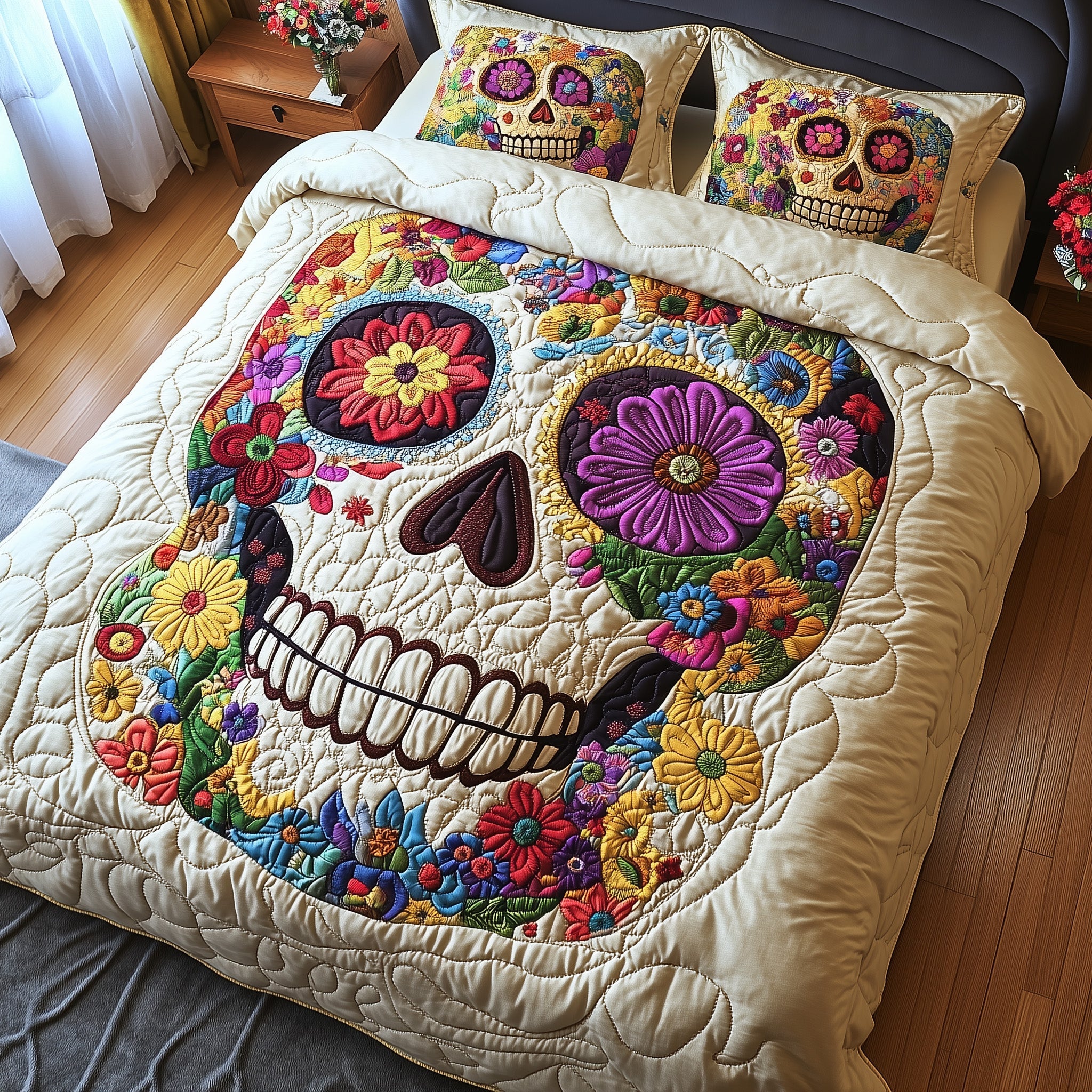 Skull in Bloom Quilted Bedding Set Duvet Cover Bedspread Skull Themed Gifts