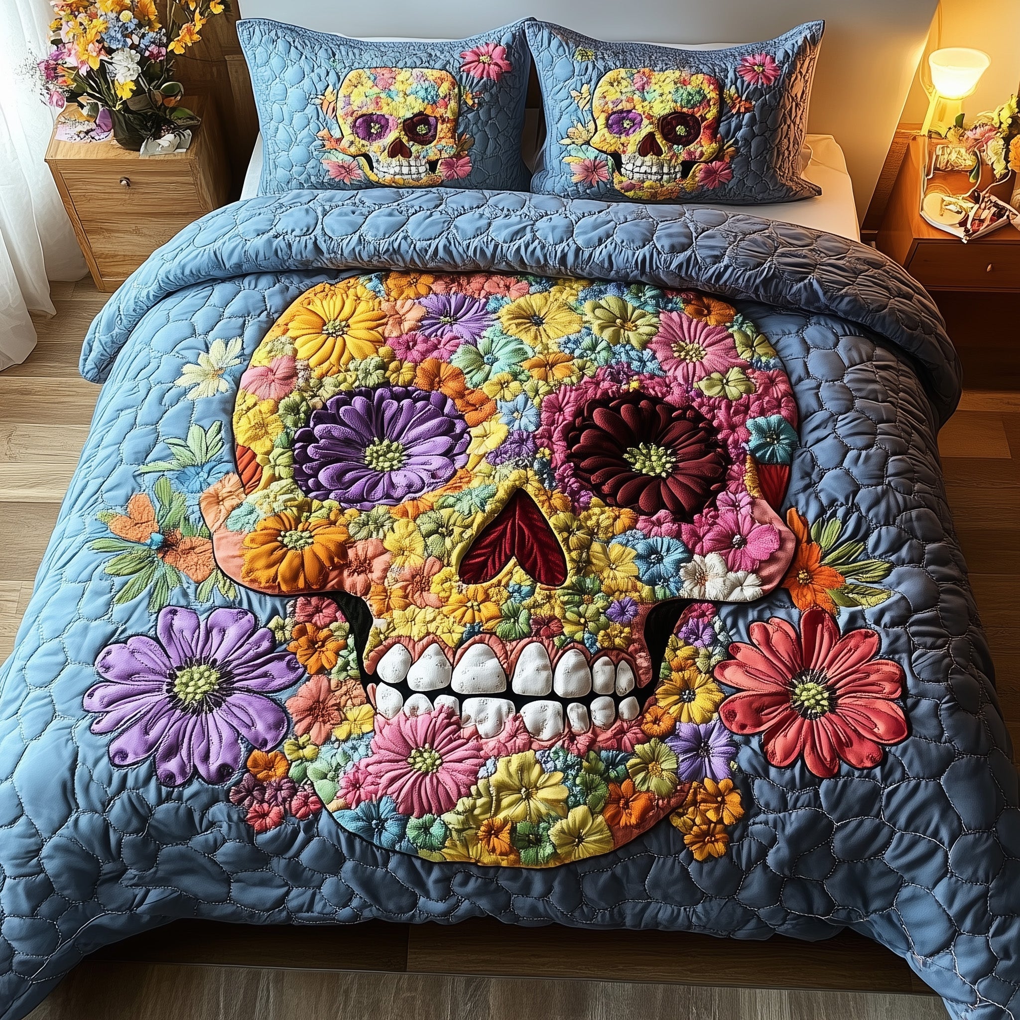 Skull in Bloom Quilted Bedding Set Duvet Cover Bedspread Unique Skull Gifts