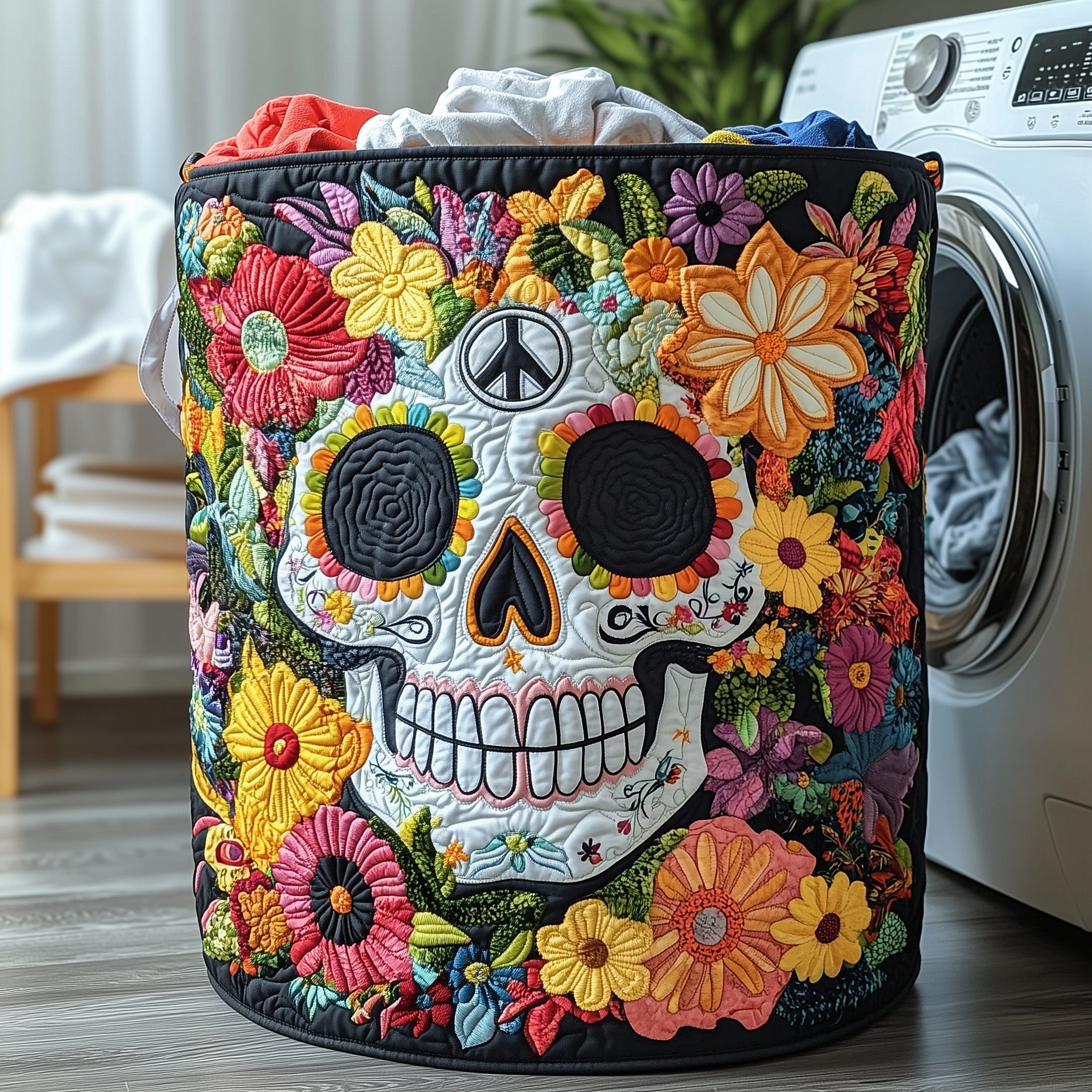 Skull In Cute Bloom Quilted Laundry Basket Cute Gifts For Skull Flower Lovers