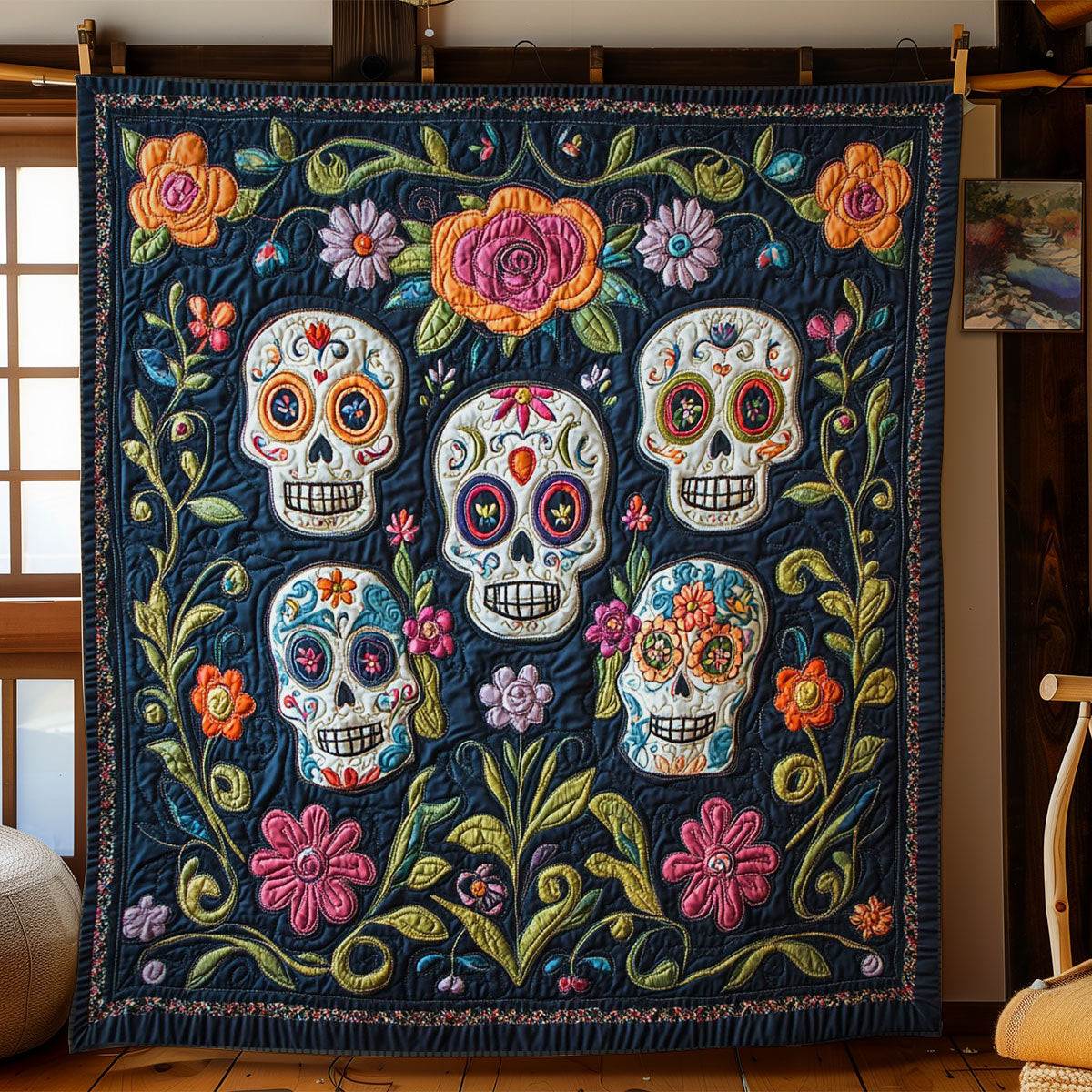 Skull In Flower Quilt Gift Decor For Friends and Family on Halloween Day