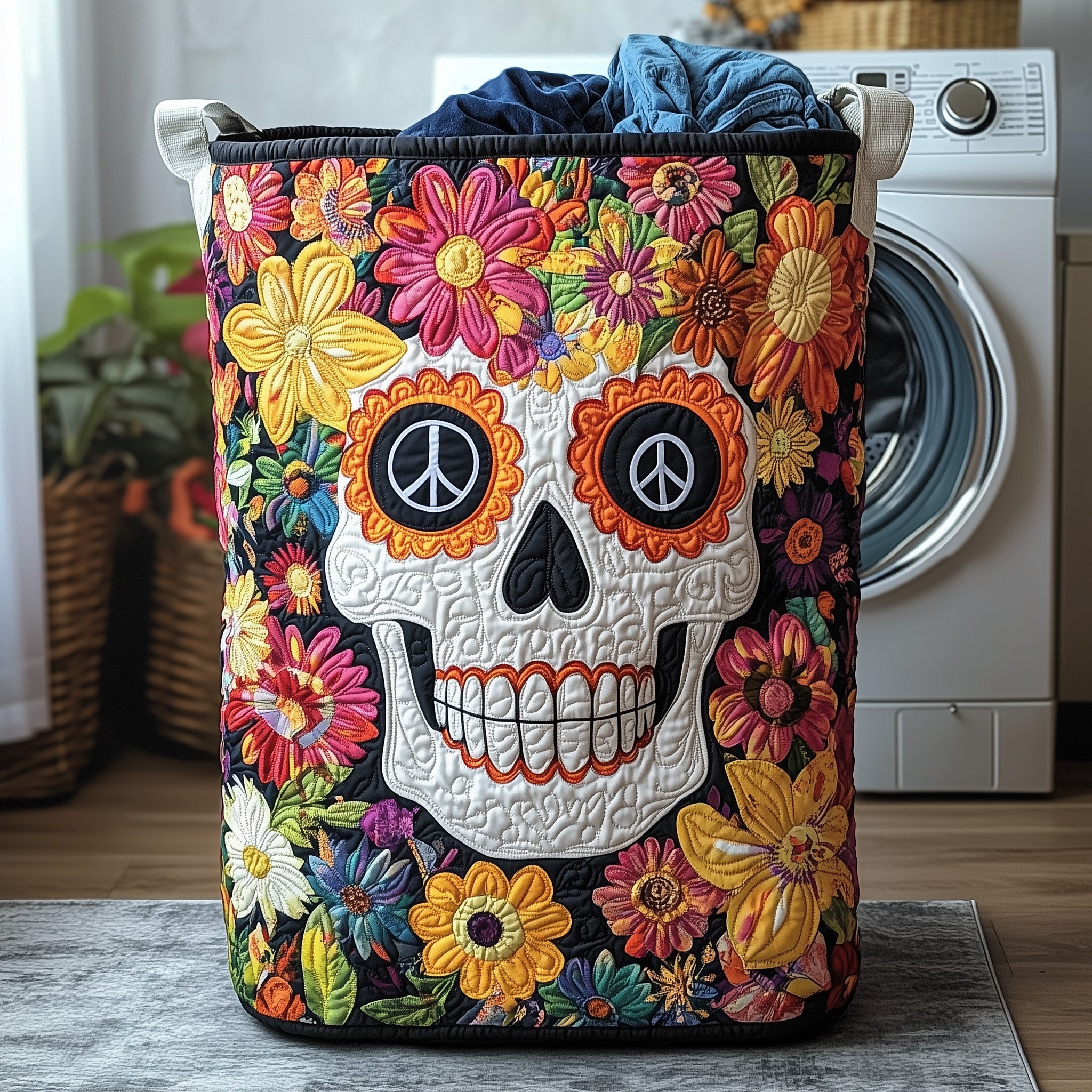 Skull In Glorious Bloom Quilted Laundry Basket Beautiful Gifts For Skull Lovers