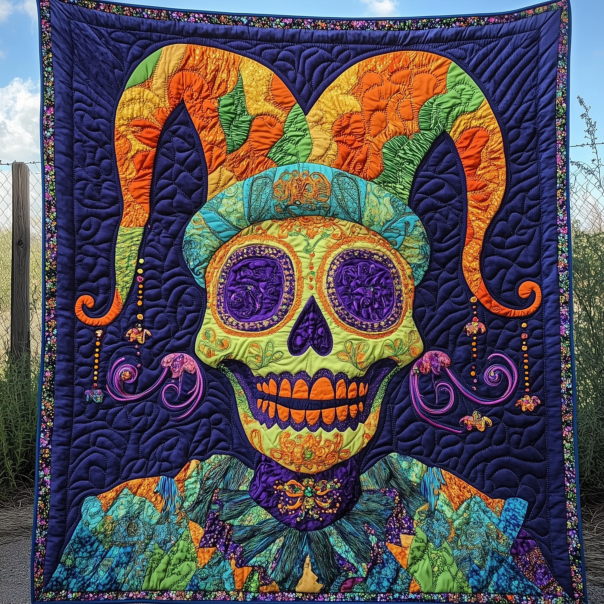 Skull Jester Parade Quilted Blanket Cute Bed BlanketMardi Gras Gifts Merchandise